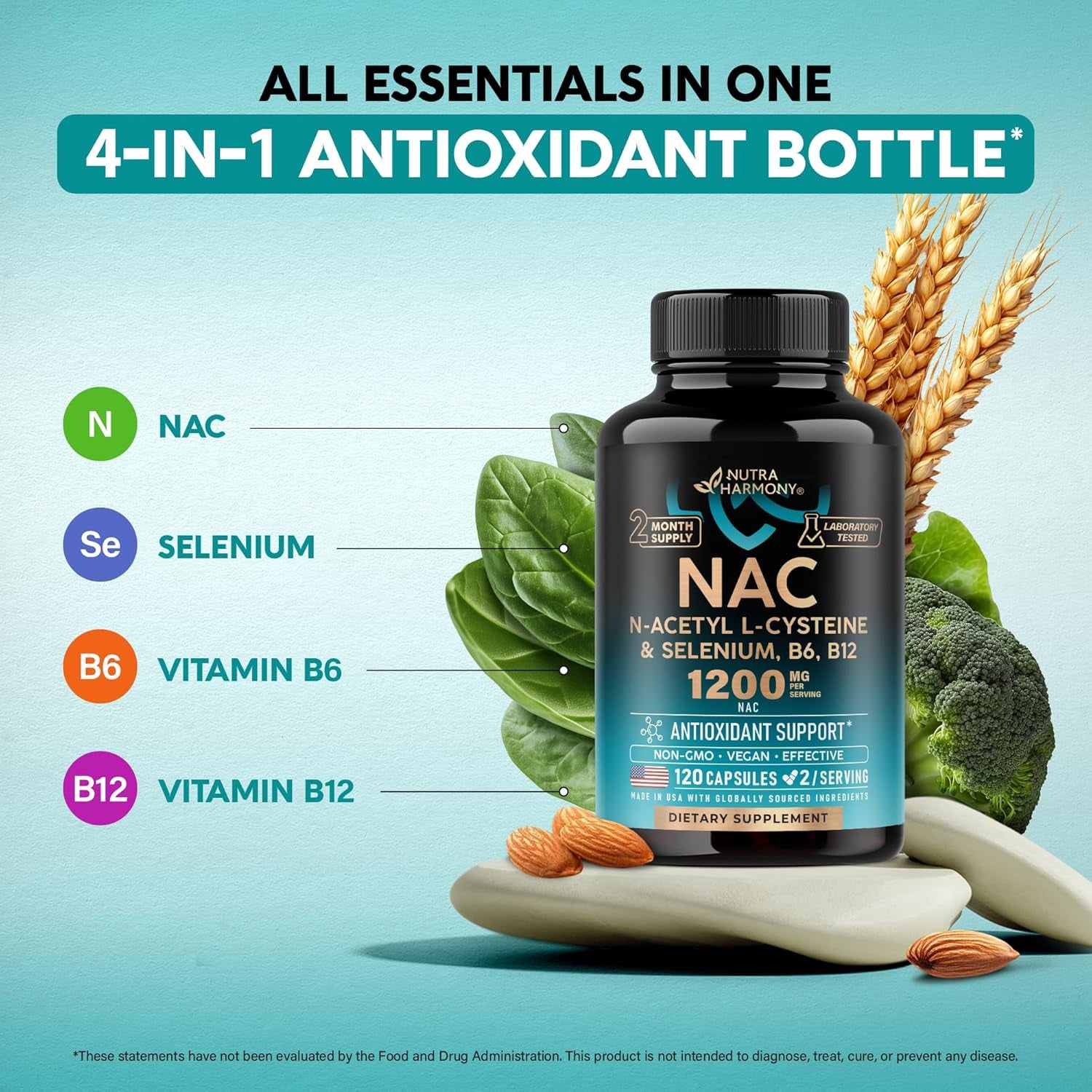 NUTRAHARMONY NAC Supplement — 60 Capsules | N-Acetyl L-Cysteine 600mg | Antioxidant, Liver & Respiratory Support