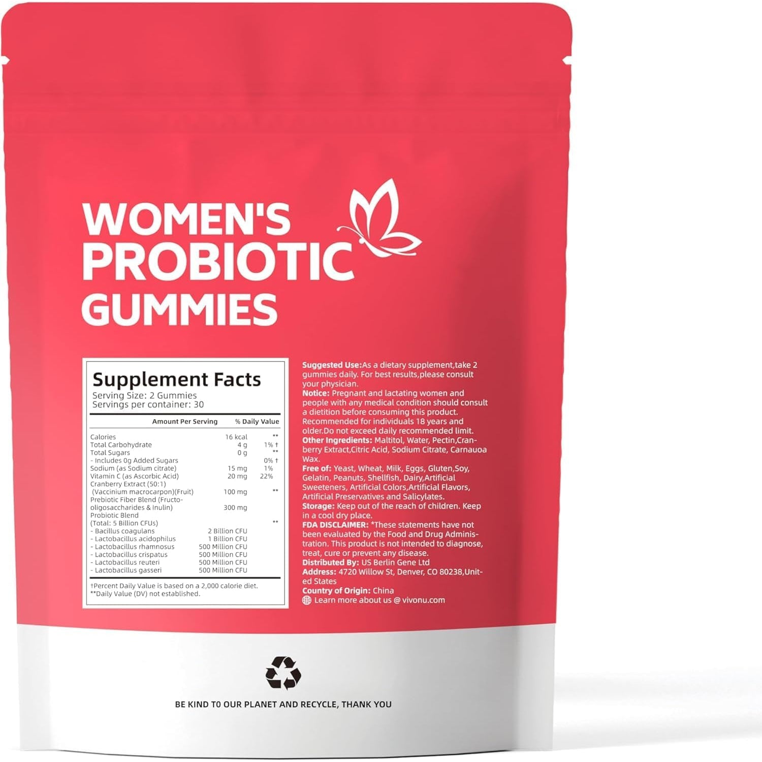 Vivonu Women's Probiotic Gummies – 60 Count | 500 Million CFUs & Fibre | Feminine Balance, Digestive & Gut Health | Vitamin C Immune Support