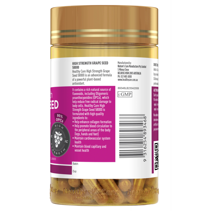 Healthy Care High Strength Grape Seed 58000 200 Capsules - Antioxidant Support