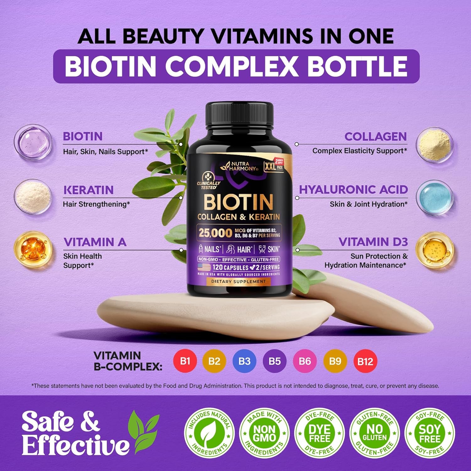 NutraHarmony Biotin, Collagen, Keratin & Hyaluronic Acid Complex – 120 Capsules | 25,000mcg | B Vitamins | Hair Growth, Skin & Nail Support