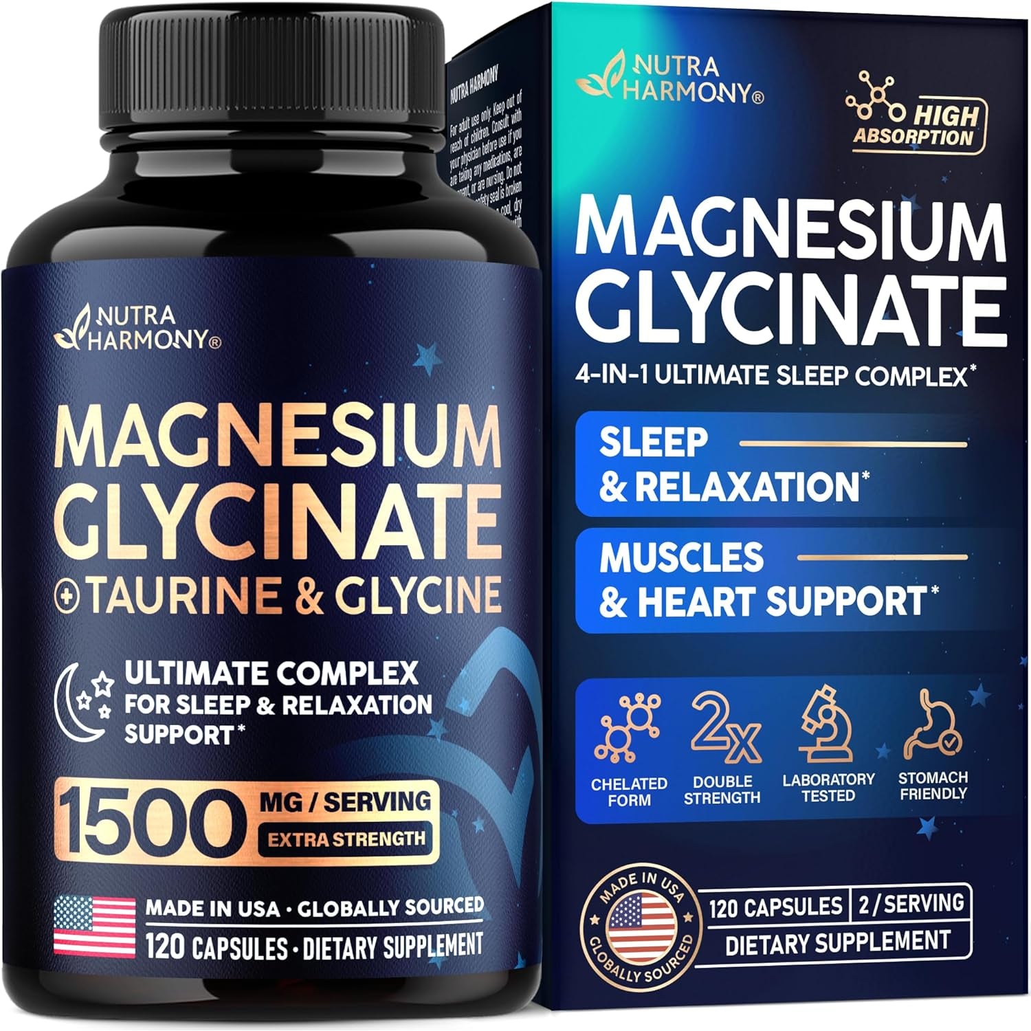 NUTRAHARMONY Magnesium Glycinate 500mg — 60 Capsules | High-Absorption Magnesium for Sleep, Relaxation & Muscle Recovery