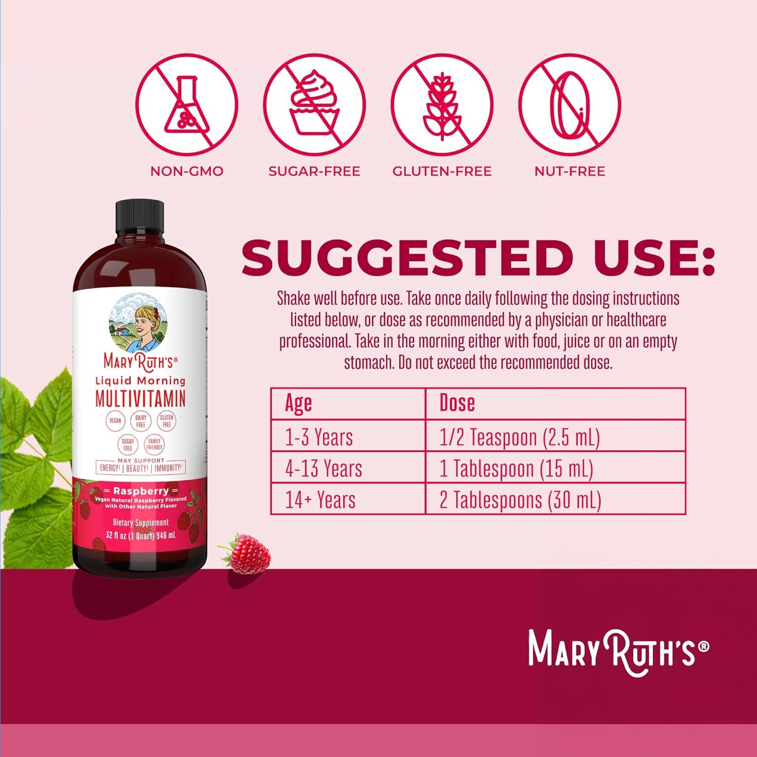 MaryRuth's Liquid Morning Multivitamin — 946ml | Vitamins A C D E B6 B12 Biotin & Zinc | For Women, Men & Kids | Vegan, Non-GMO & Gluten Free | 32 Servings