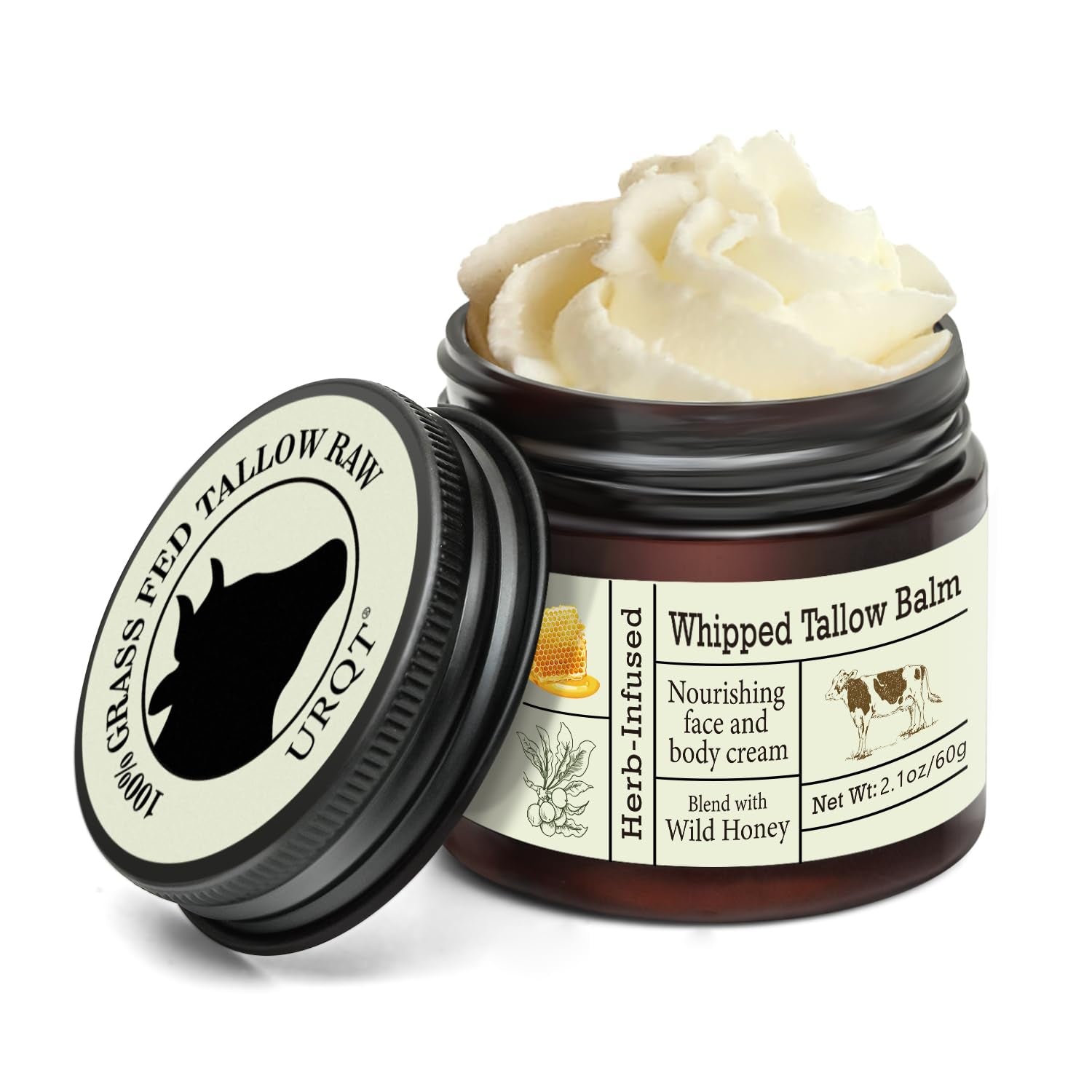 URQT Organic Grass-Fed Whipped Beef Tallow & Honey Balm – Face & Body | Deep Hydration | Natural Skin Care for Soft & Supple Skin