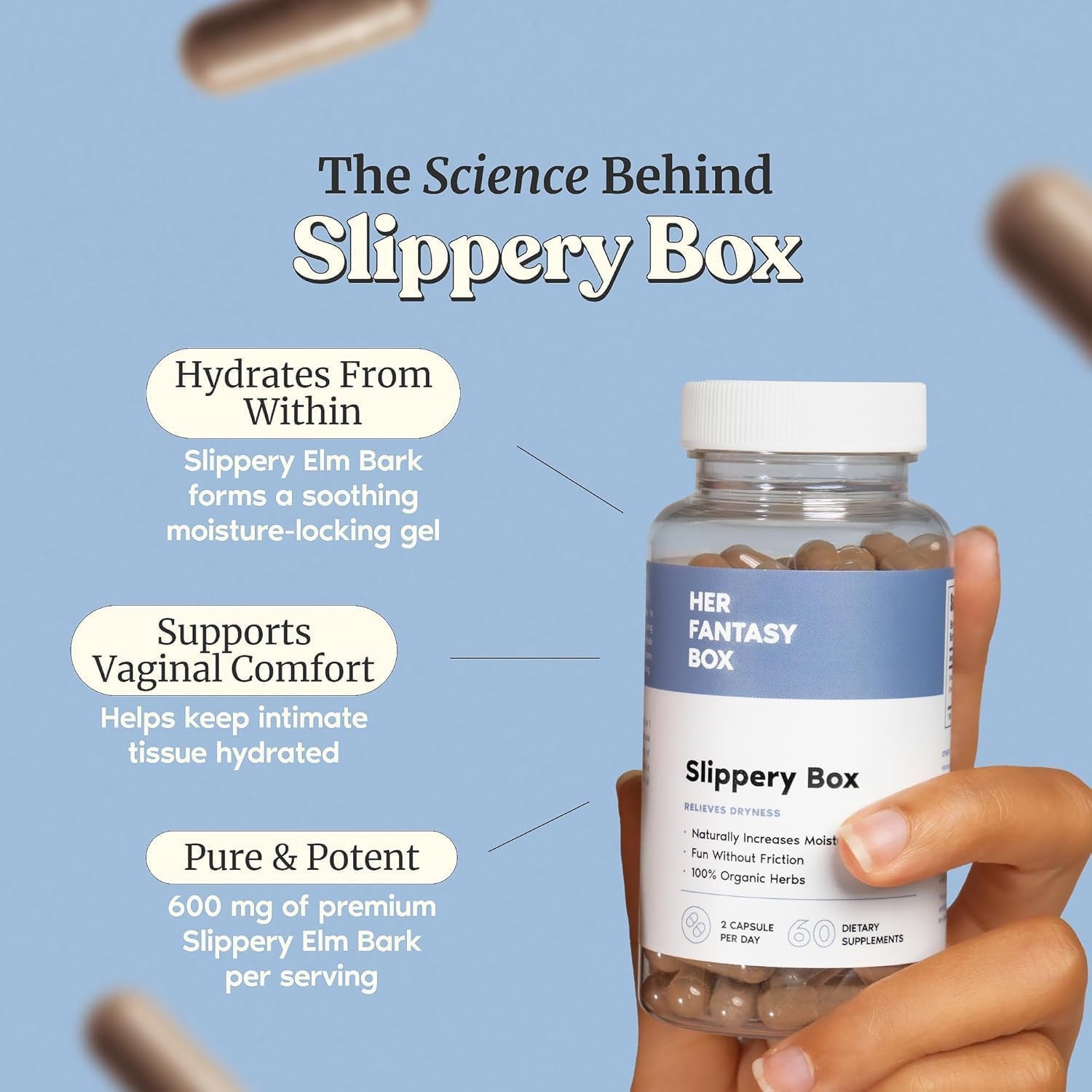 Her Fantasy Box | Slippery Box | Fast-Acting Slippery Elm Capsules for Feminine Wellness & Intimate Moisture Support – 60 Vegan Capsules