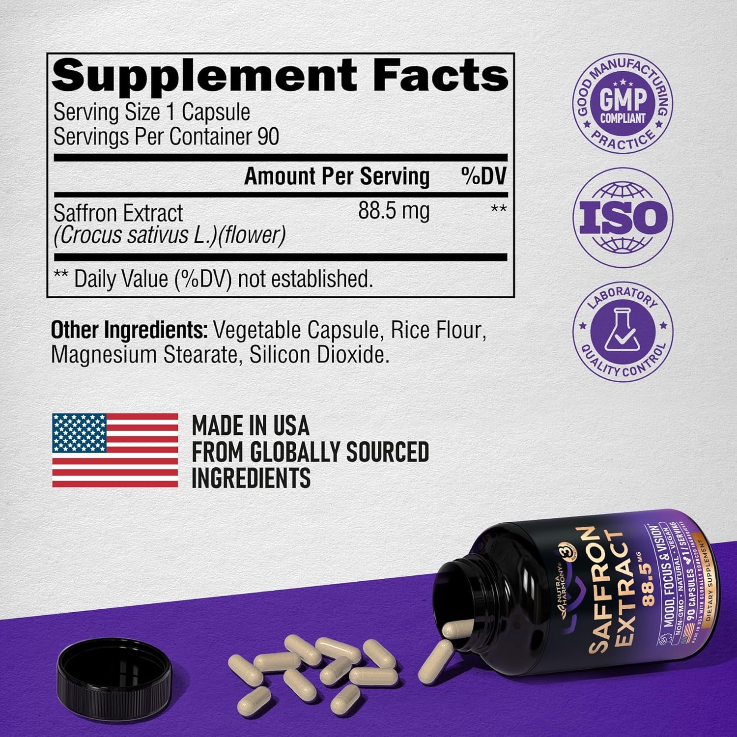 NUTRAHARMONY Pure Saffron Extract 88.5mg — 90 Capsules | 3 Month Supply | Mood, Focus, Vision & Energy Support | Eye Health for Women & Men | Vegan & Non-GMO