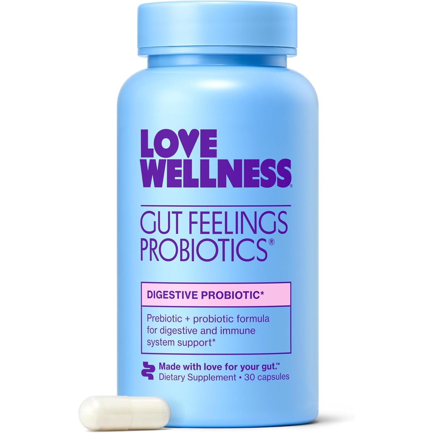 Love Wellness Gut Feelings Probiotic – 3 Billion CFU with Prebiotics & Postbiotics for Gut Health, Digestion & Immune Support | 30 Capsules