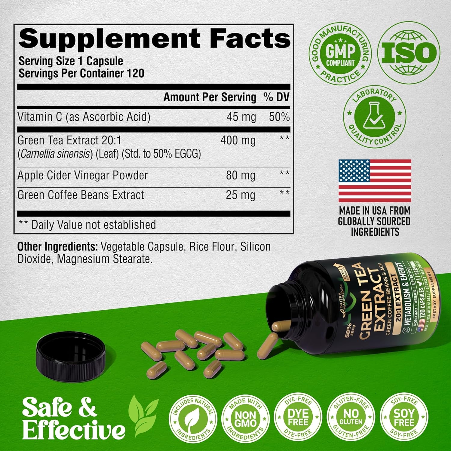 NutraHarmony Green Tea Extract 50% EGCG – 120 Vegan Capsules | 20:1 Extra Strength | Green Coffee Bean & Apple Cider Vinegar | Energy & Metabolism Support