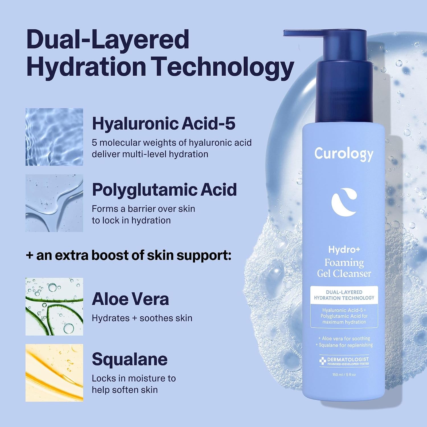 Curology Hydro+ Foaming Gel Facial Cleanser, Gentle Face Wash, Hydrating, Non-Stripping, Sensitive Skin Care, Fragrance Free, 5 Fl Oz