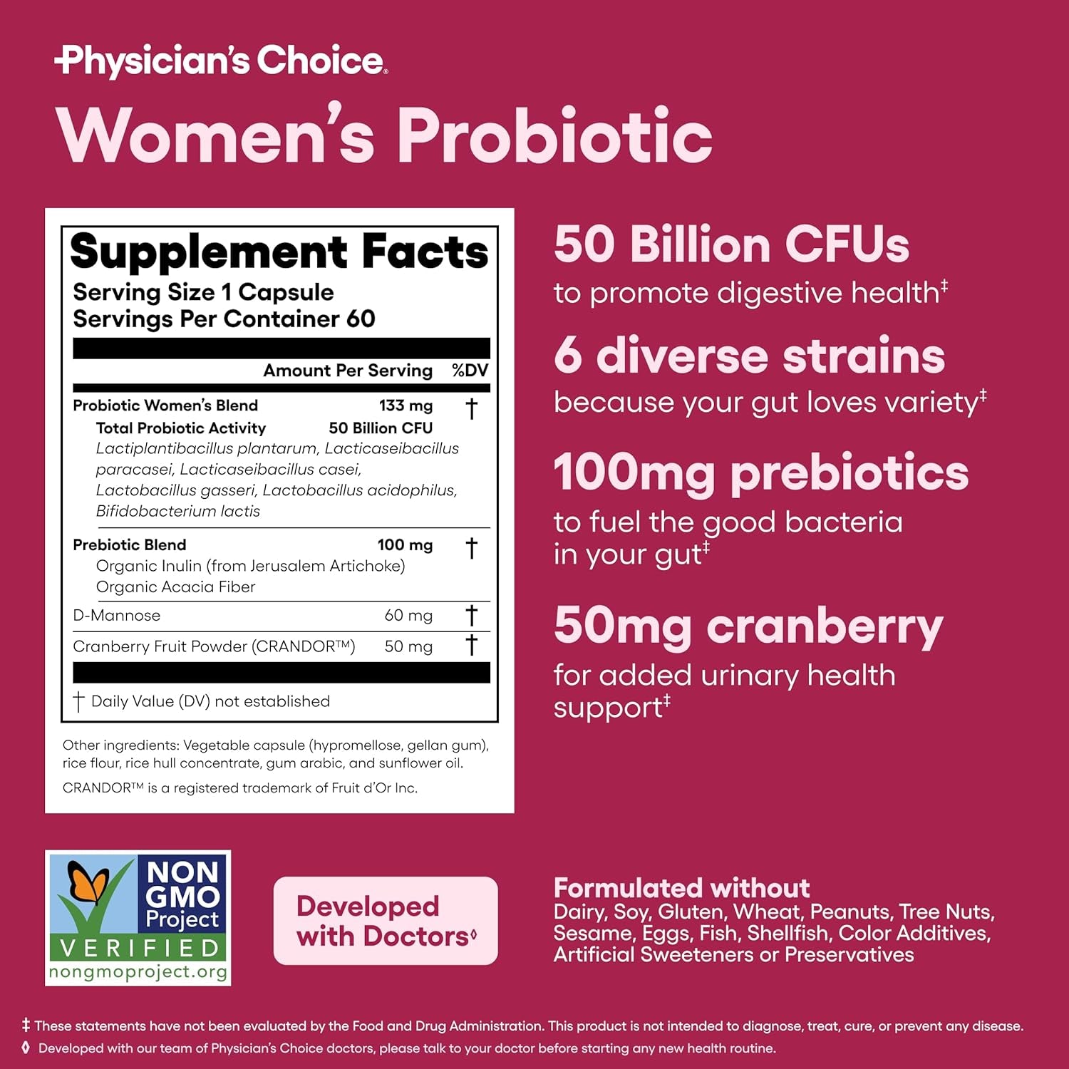 Physician's Choice Women's Probiotic – 50 Billion CFU, 6 Strains, Cranberry & Prebiotics for pH Balance & Feminine Health | 60 Capsules