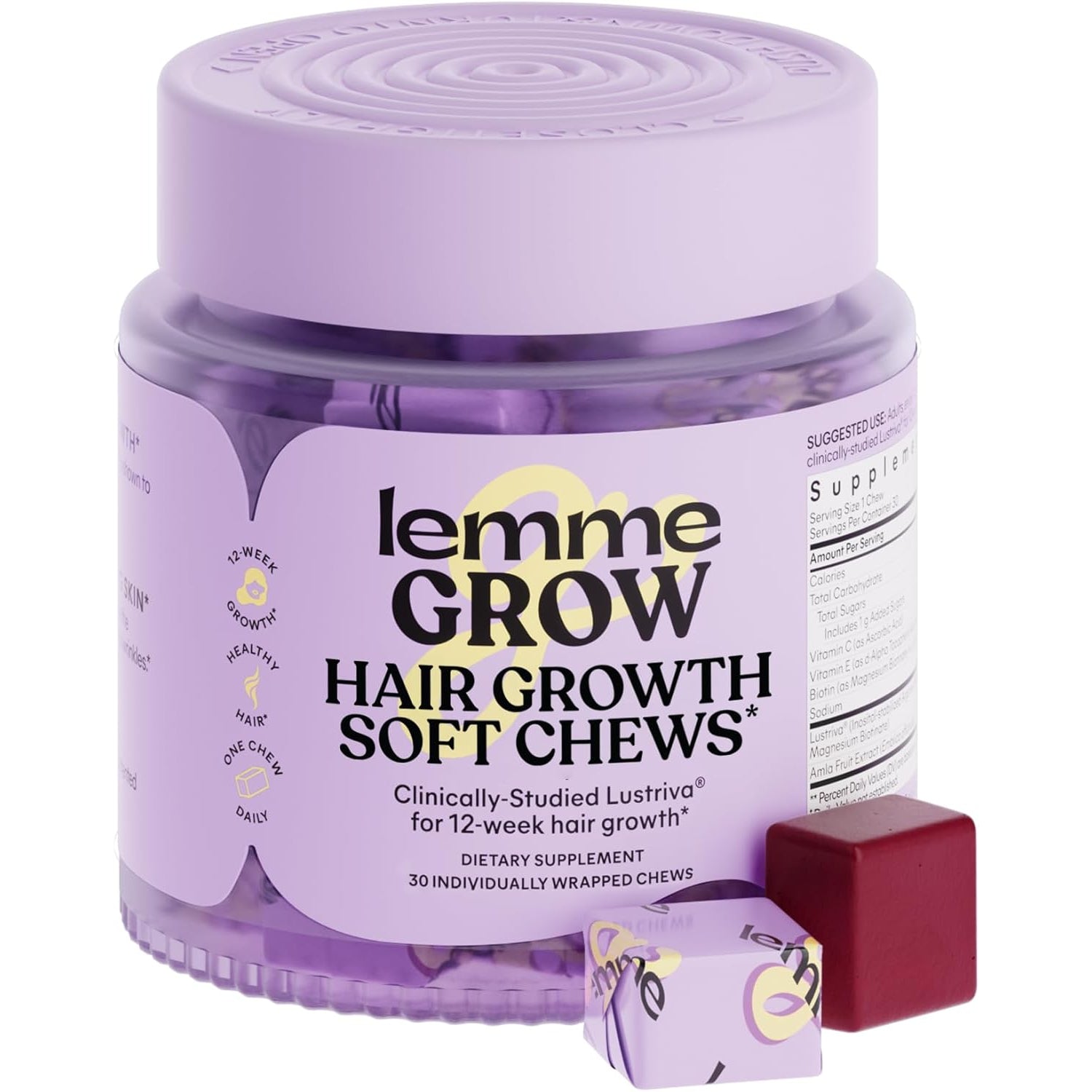 Grow Hair Growth Booster Soft Chews W/Vitamins for Women and Men with Clinically Studied Lustriva and Biotin, Promotes Thicker, Fuller, Stronger Hair, Mixed Berry, 30 Day Supply