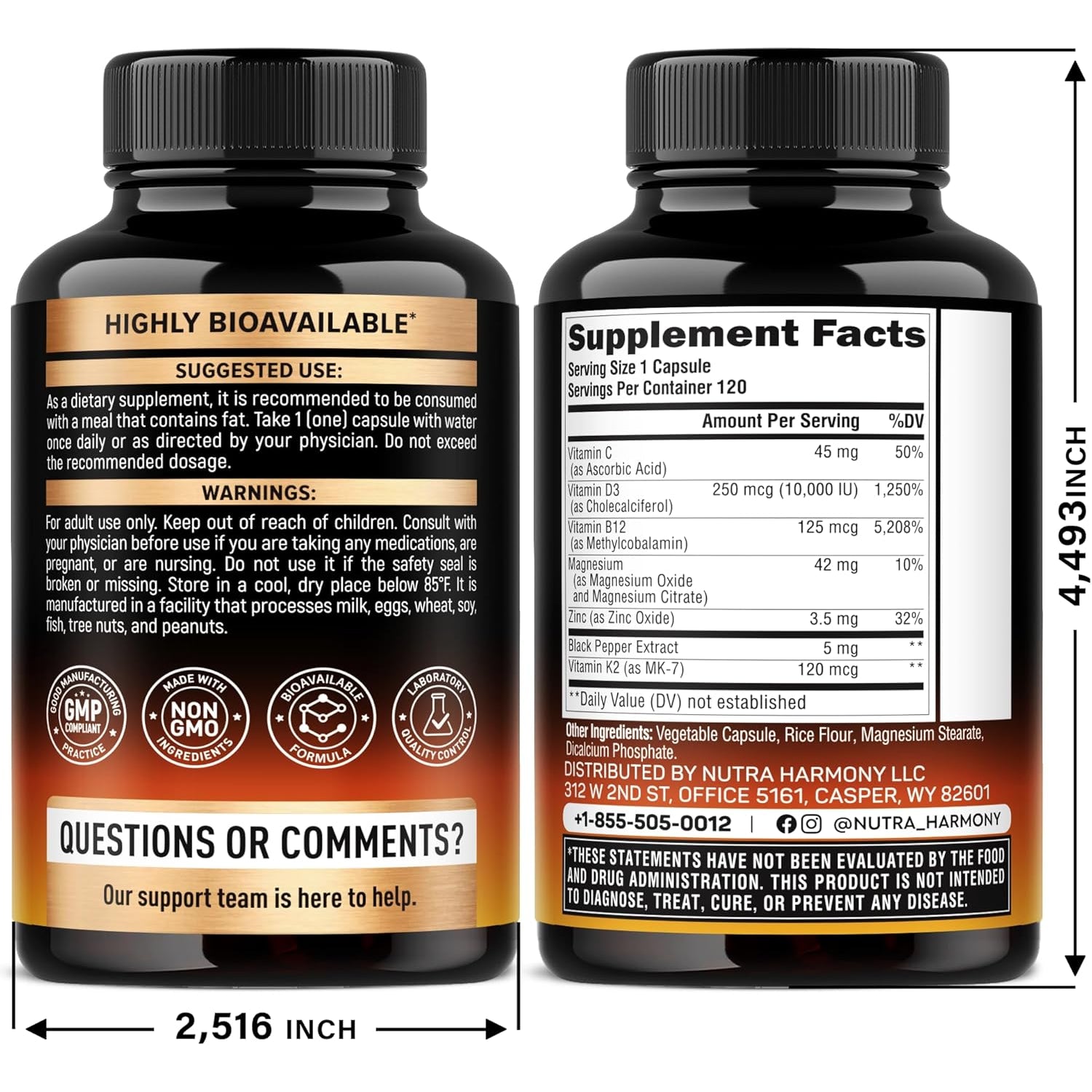 NUTRAHARMONY Vitamin D3, K2 & Magnesium Complex — 120 Capsules | Bioavailable Trio for Bones, Immunity & Heart Health
