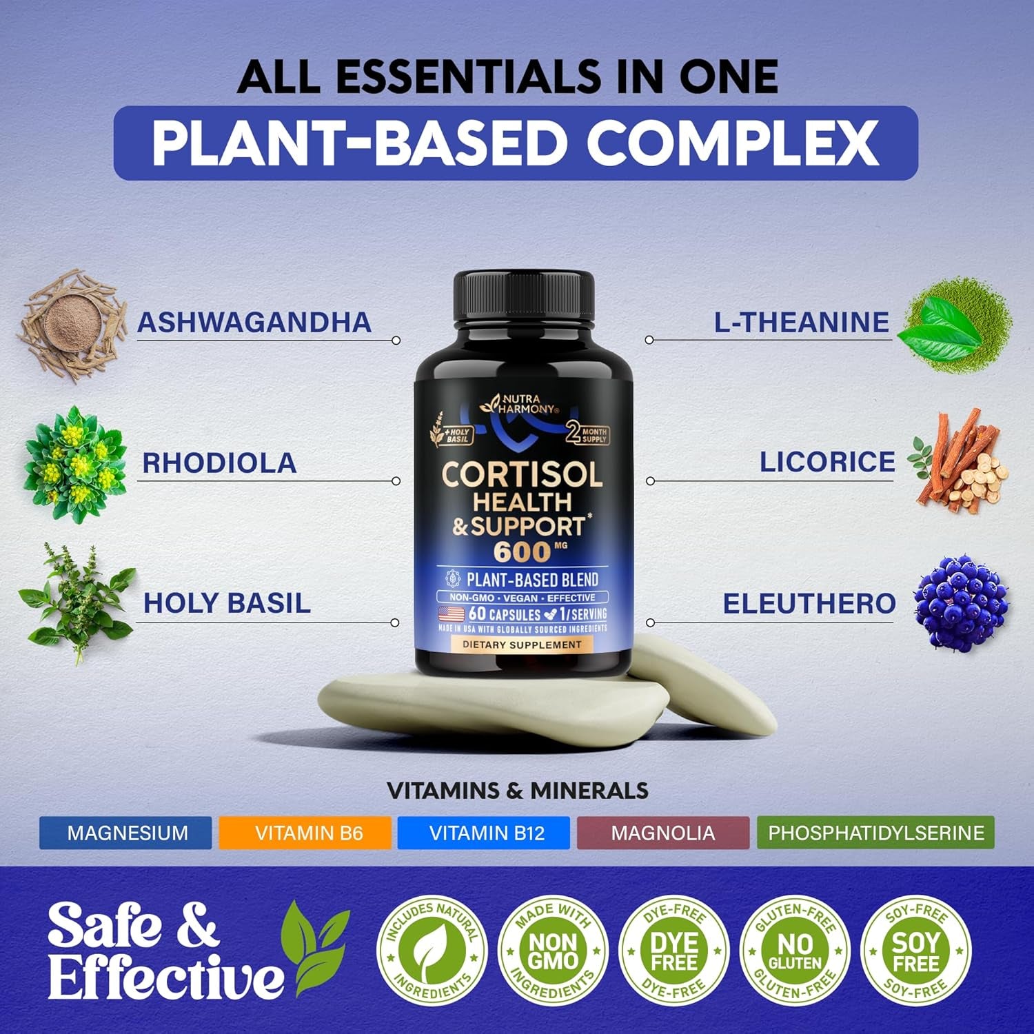 NUTRAHARMONY Cortisol Balance Supplement — 60 Capsules | 11-in-1 Adaptogen Blend for Stress Relief & Adrenal Support