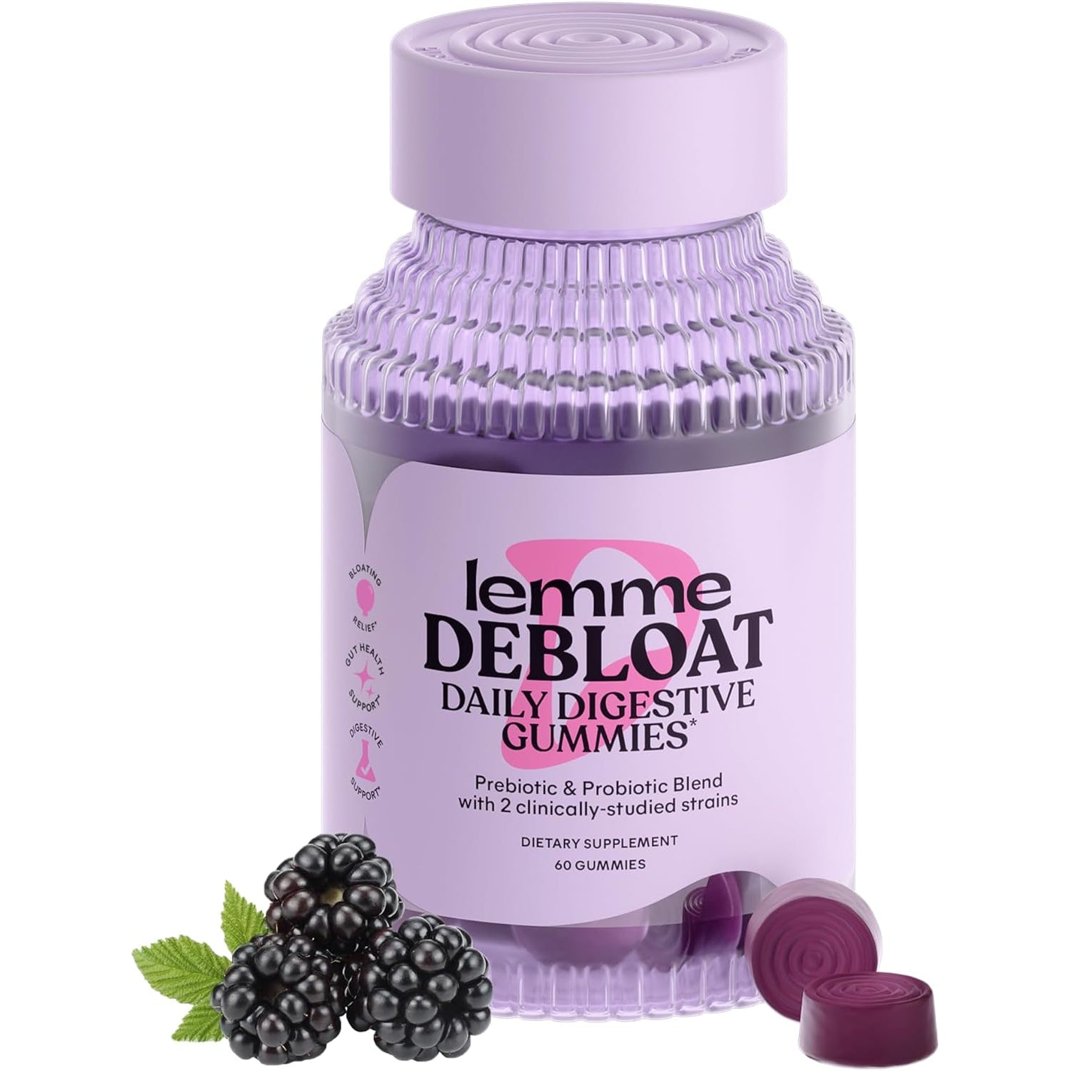 Debloat - Digestive & Gut Health Gummies with 2 Clinically Studied Probiotics & Prebiotic, Vegetarian, Gluten Free, Non GMO, Blackberry Flavor (60 Count)