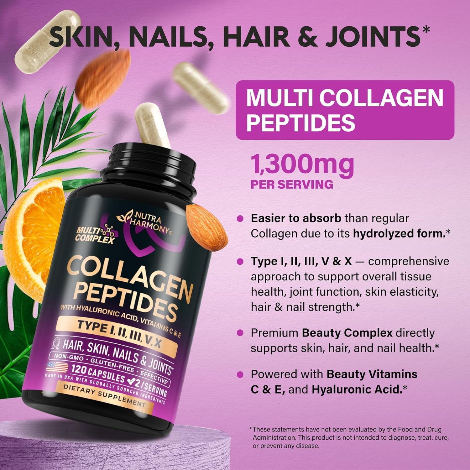 NUTRAHARMONY Multi-Collagen Peptides — 120 Capsules | Hydrolysed Types I, II, III, V & X | Skin, Hair, Joints & Gut Support