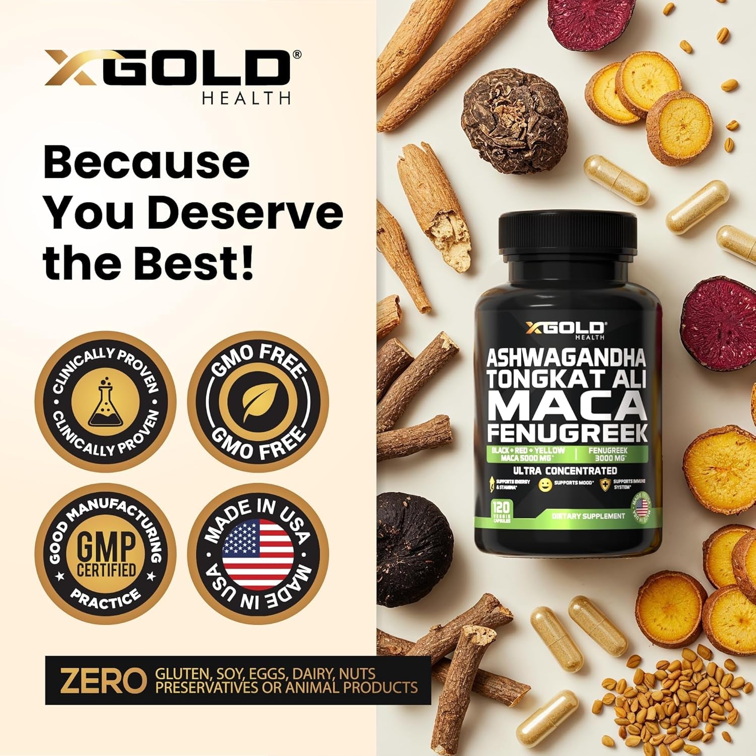 X Gold Health Ashwagandha Tongkat Ali Maca Fenugreek – 120 Capsules | Ultra-Potent Energy, Focus & Hormone Support