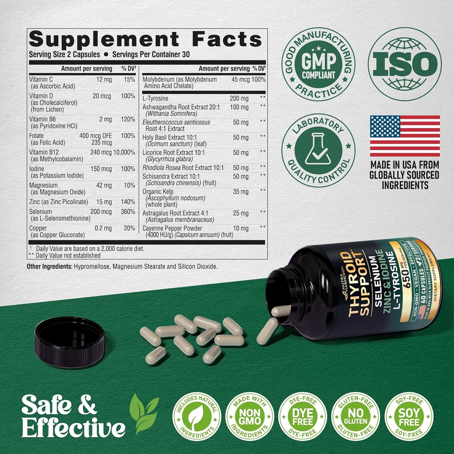 NUTRAHARMONY Thyroid Support for Women — 60 Capsules | 21-Nutrient Antioxidant Formula for Thyroid Health & Hormone Balance