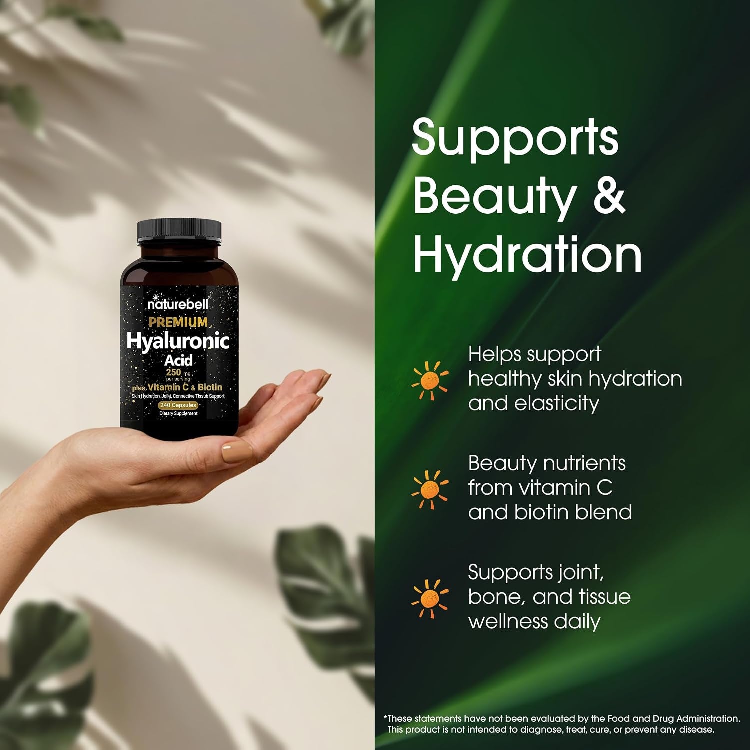 Naturebell Hyaluronic Acid 250Mg - 240 Capsules - 250Mg Hyaluronic Acid for Skin* - 5000Mcg Biotin for Hair Growth* - 25 Mg Vitamin C - Supports Bone, Eye & Joint Health*