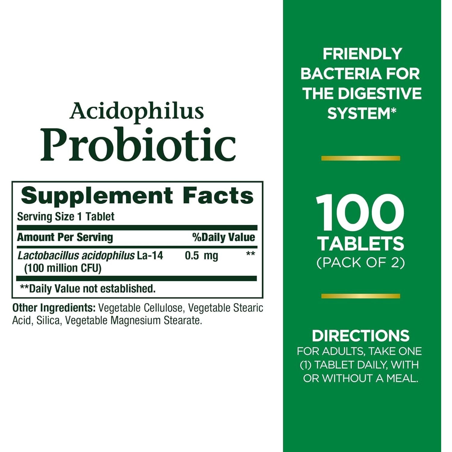 Nature’s Bounty Acidophilus Probiotic, Unflavored – 200 Tablets (2 Packs) | Daily Digestive & Immune Support