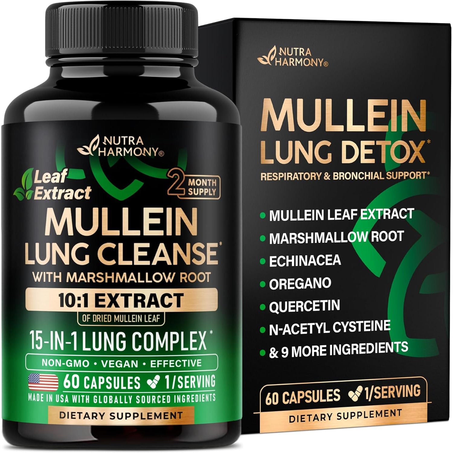 NUTRAHARMONY USDA Organic Mullein Leaf Drops - 60 capsules | Liquid Lung Support & Respiratory Health | Natural Herbal Extract
