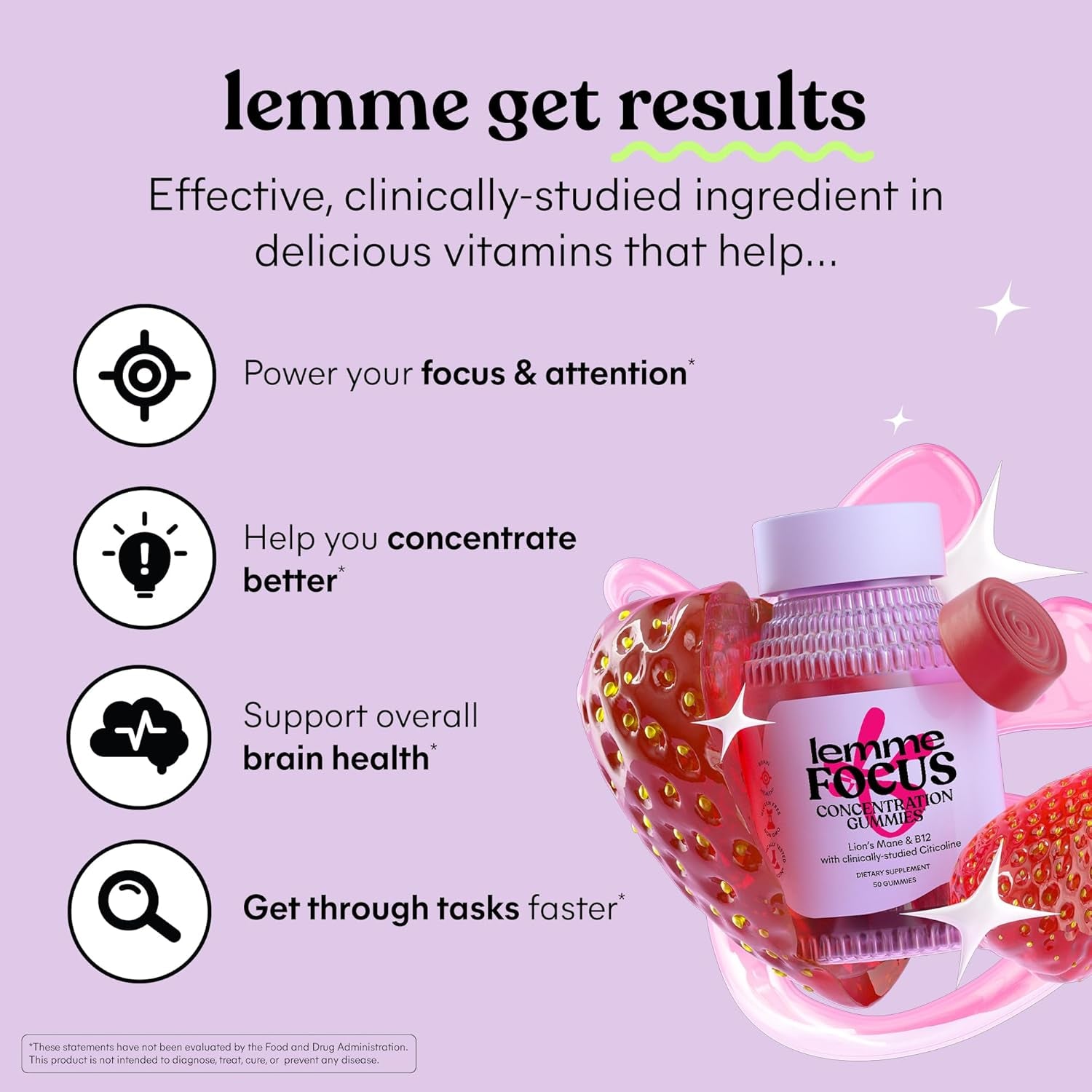 Focus Concentration & Brain Health Gummies with Cognizin Citicoline, Lion'S Mane Mushroom, Vitamin B12 to Support Focus + Concentration - Gluten Free, Caffeine Free, Strawberry (50 Count)