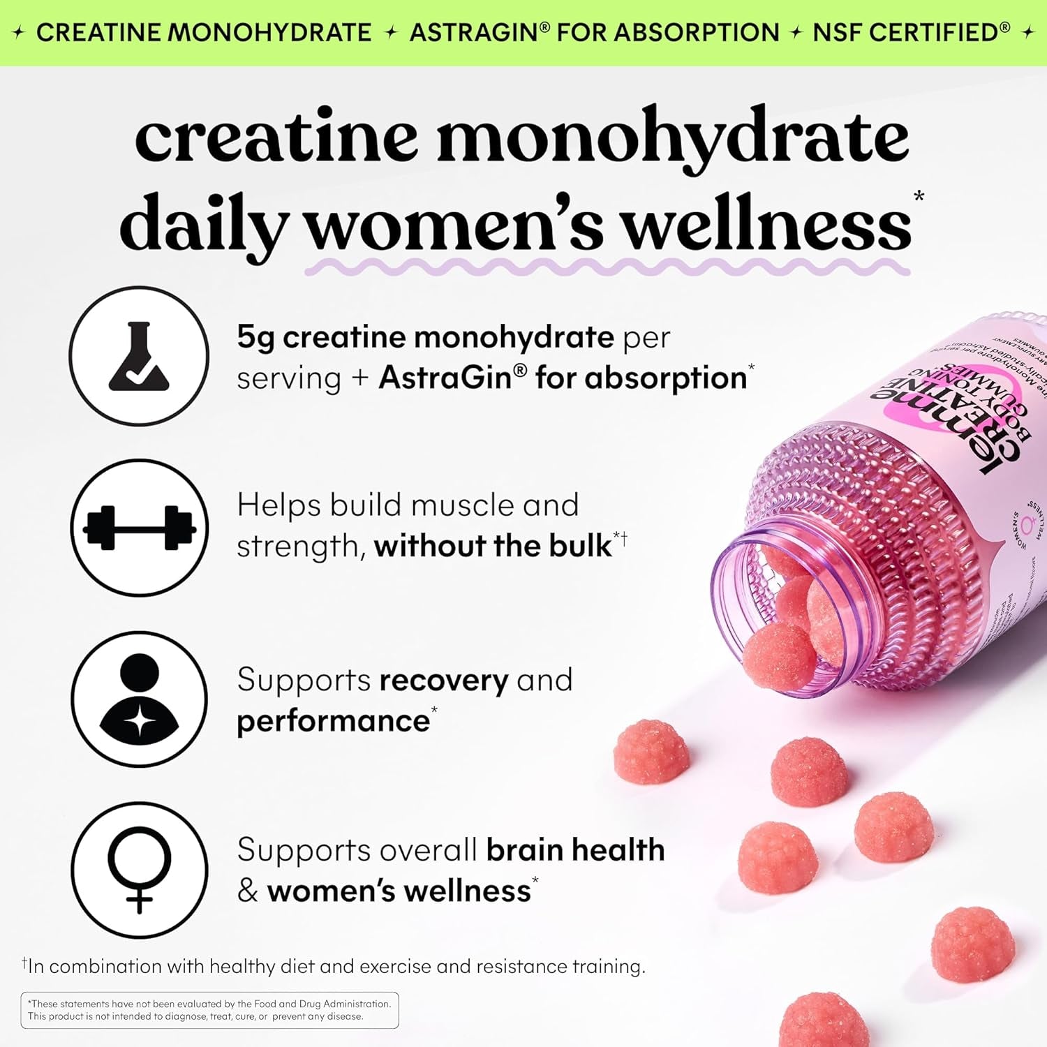 Creatine Monohydrate Gummies for Women and Men, 5G Dose to Support Lean Muscle, Strength, Recovery, Cognitive Health, W/Ginseng for Absorption, Sour Strawberry, NSF Certified, 60 Gummies