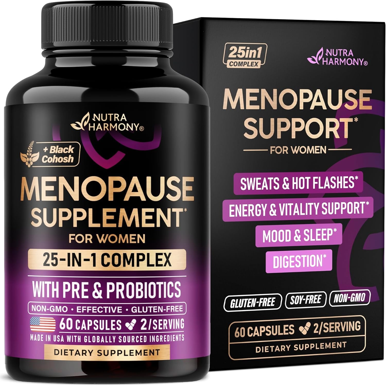 NutraHarmony Menopause Supplements for Women - Dong Quai, Black Cohosh, Pre & Probiotics - Sweats & Hot Flashes Relief - Digestion, Sleep & Mood Support - 25-In-1 Perimenopause Complex - Lab Tested - 60 Capsules
