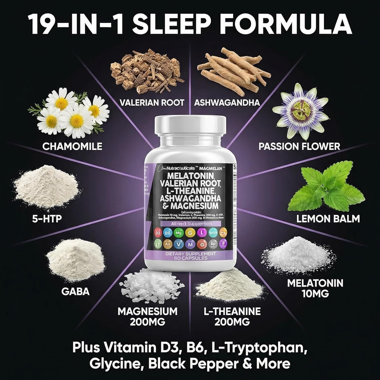 Clean Nutraceuticals Sleep Support Complex – 60 Capsules | Melatonin 10mg, Valerian Root, L-Theanine 200mg & Ashwagandha | Magnesium, Lemon Balm & Chamomile