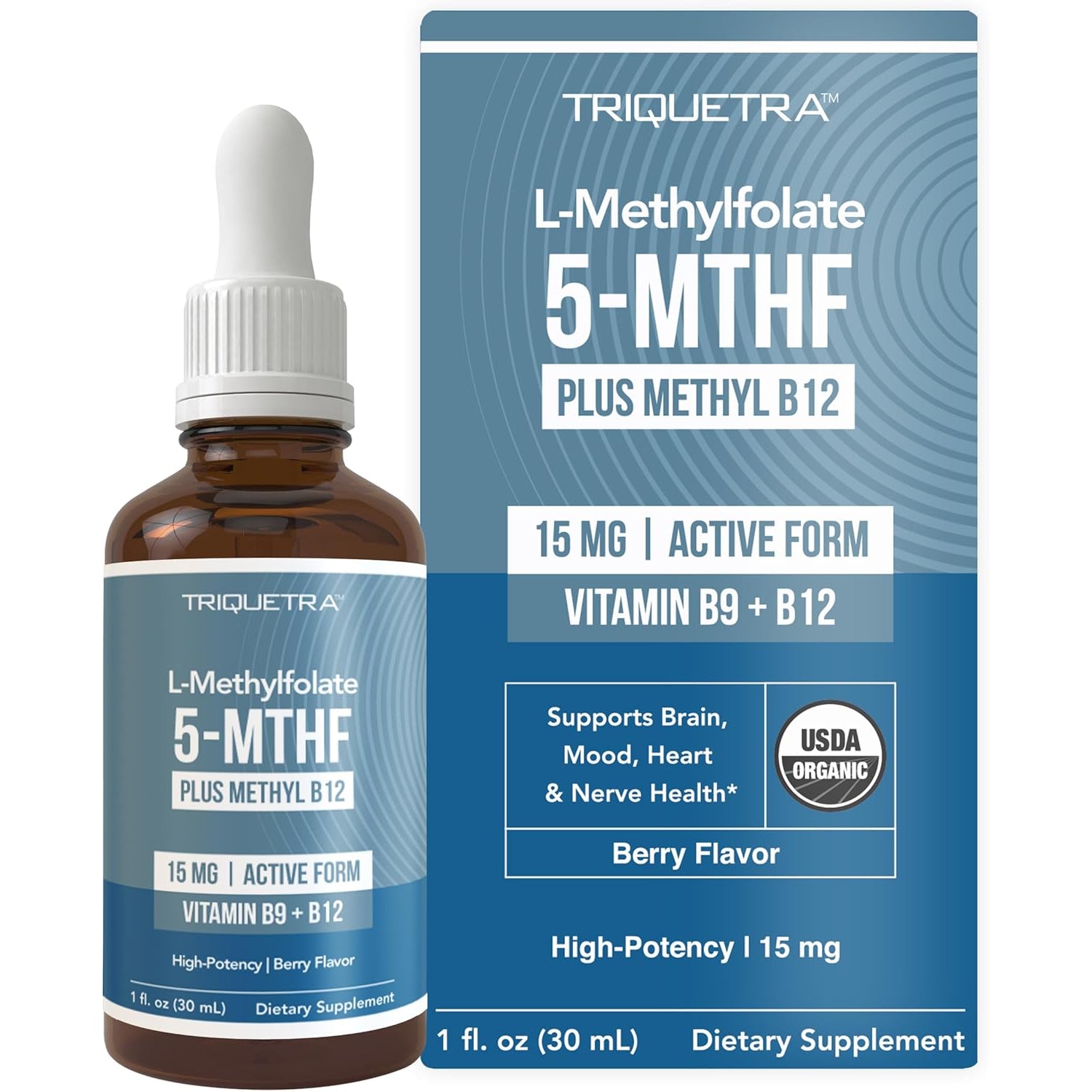 L Methyl Folate 15Mg plus Methyl B12 Cofactor – Organic Berry Flavor, High Potency Liquid Sublingual Active 5-MTHF Form - Supports Mood, Methylation, Cognition – Bioactive Forms Vitamin B9 & B12 (1Oz)