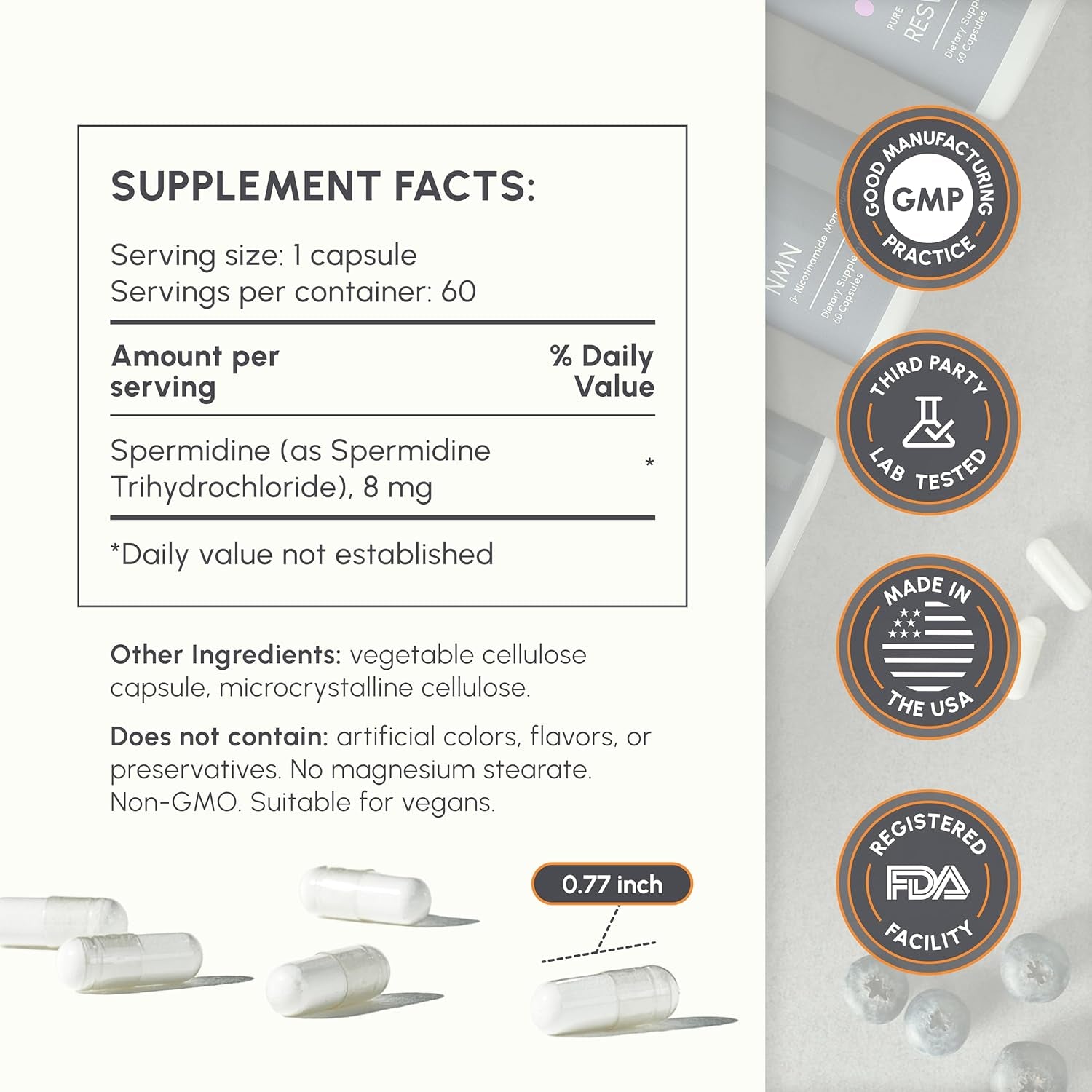Spermidine Supplement - 99% Purity - 8 Mg per Capsule - 3Rd Party Lab Tested - for Men & Women Cellular Renewal, Longevity - Made in USA - 60 Capsules