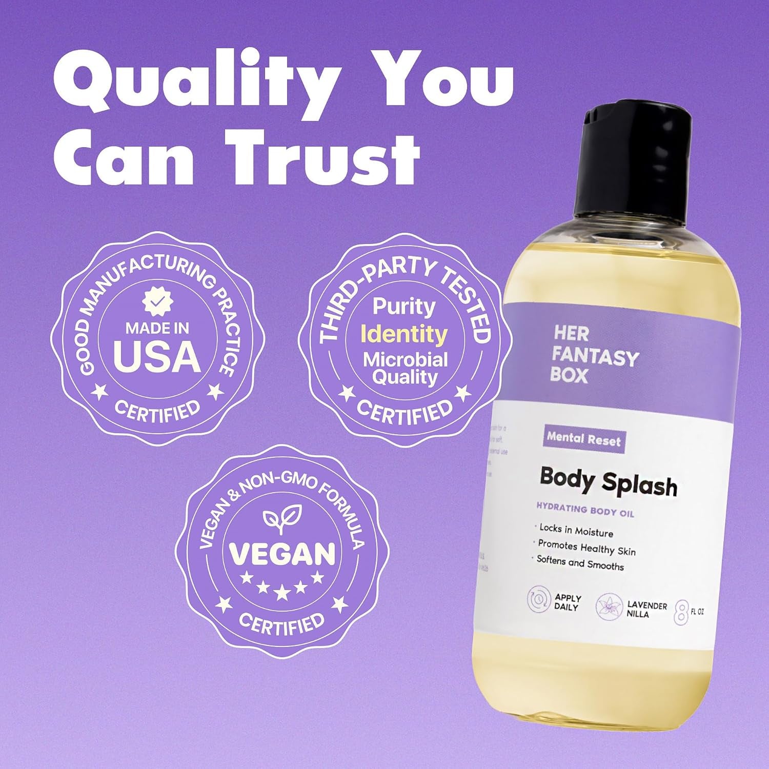Her Fantasy Box | Body Splash Mental Reset Fragrance Oil – Lavender, Chamomile & Warm Vanilla Scent with Soft Amber & Musk, Lightweight Hydrating Body Oil, Vegan & Cruelty Free