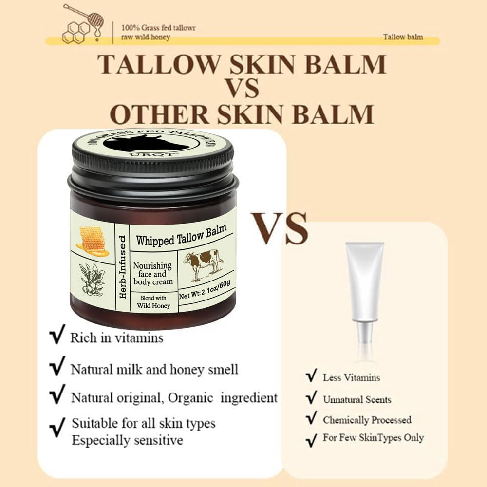 URQT Organic Grass-Fed Whipped Beef Tallow & Honey Balm – Face & Body | Deep Hydration | Natural Skin Care for Soft & Supple Skin