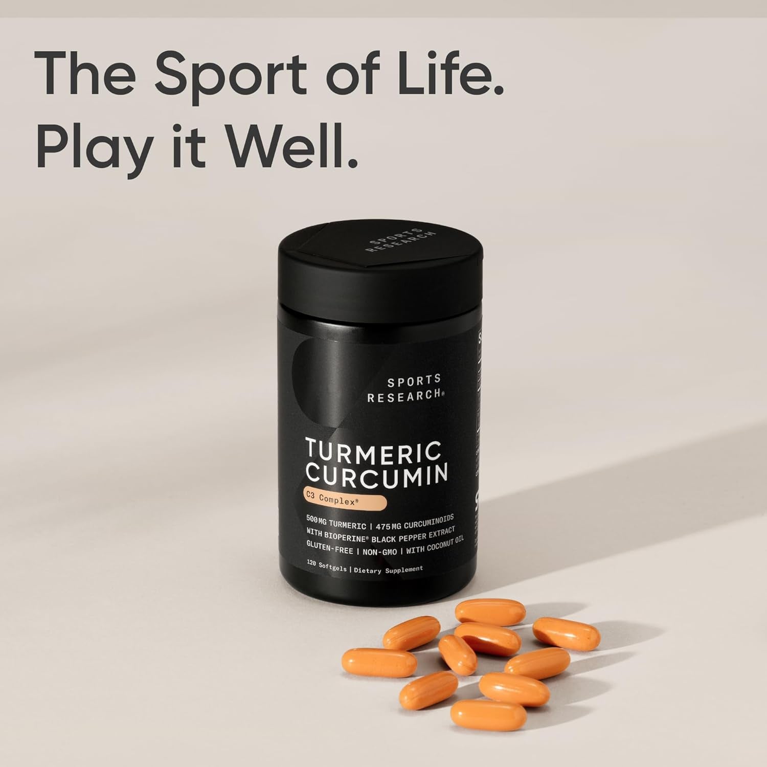 Sports Research® Turmeric Curcumin C3 Complex® W/Bioperine Black Pepper Extract & Organic Coconut Oil - Standardized 95% Curcuminoids · Non-Gmo · Gluten Free - 120 Count Softgels