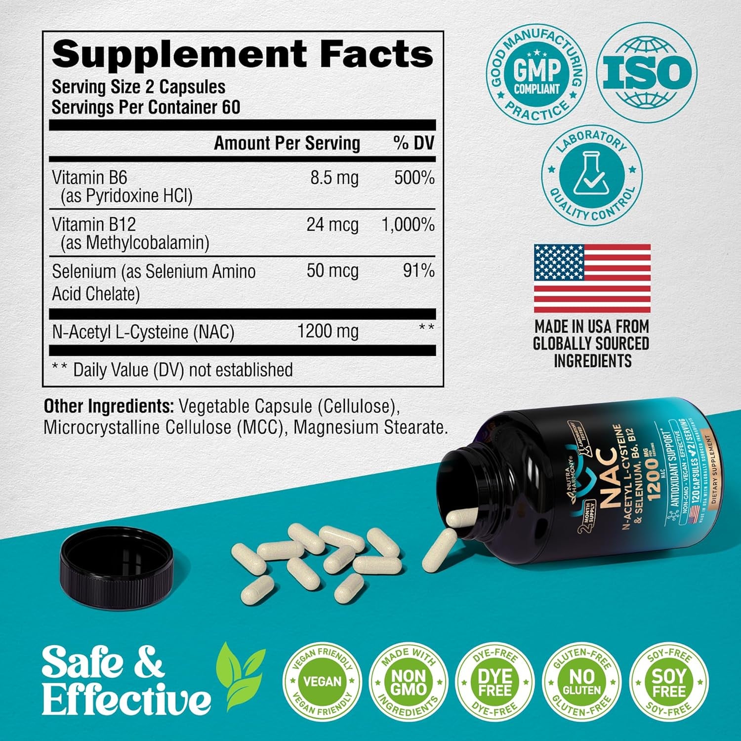 NUTRAHARMONY NAC Supplement — 60 Capsules | N-Acetyl L-Cysteine 600mg | Antioxidant, Liver & Respiratory Support
