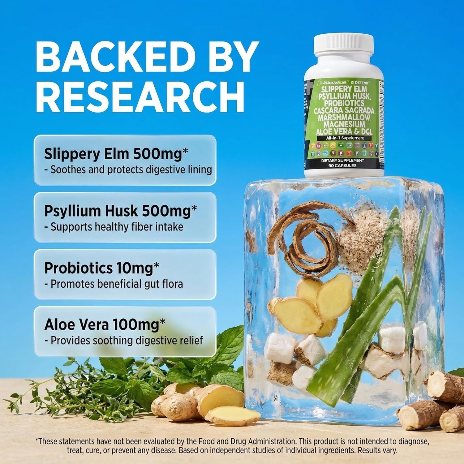 Clean Nutraceuticals Digestive Gut Health Complex – 60 Capsules | Slippery Elm, Psyllium Husk, Aloe Vera & Marshmallow Root | Pre & Probiotic Blend
