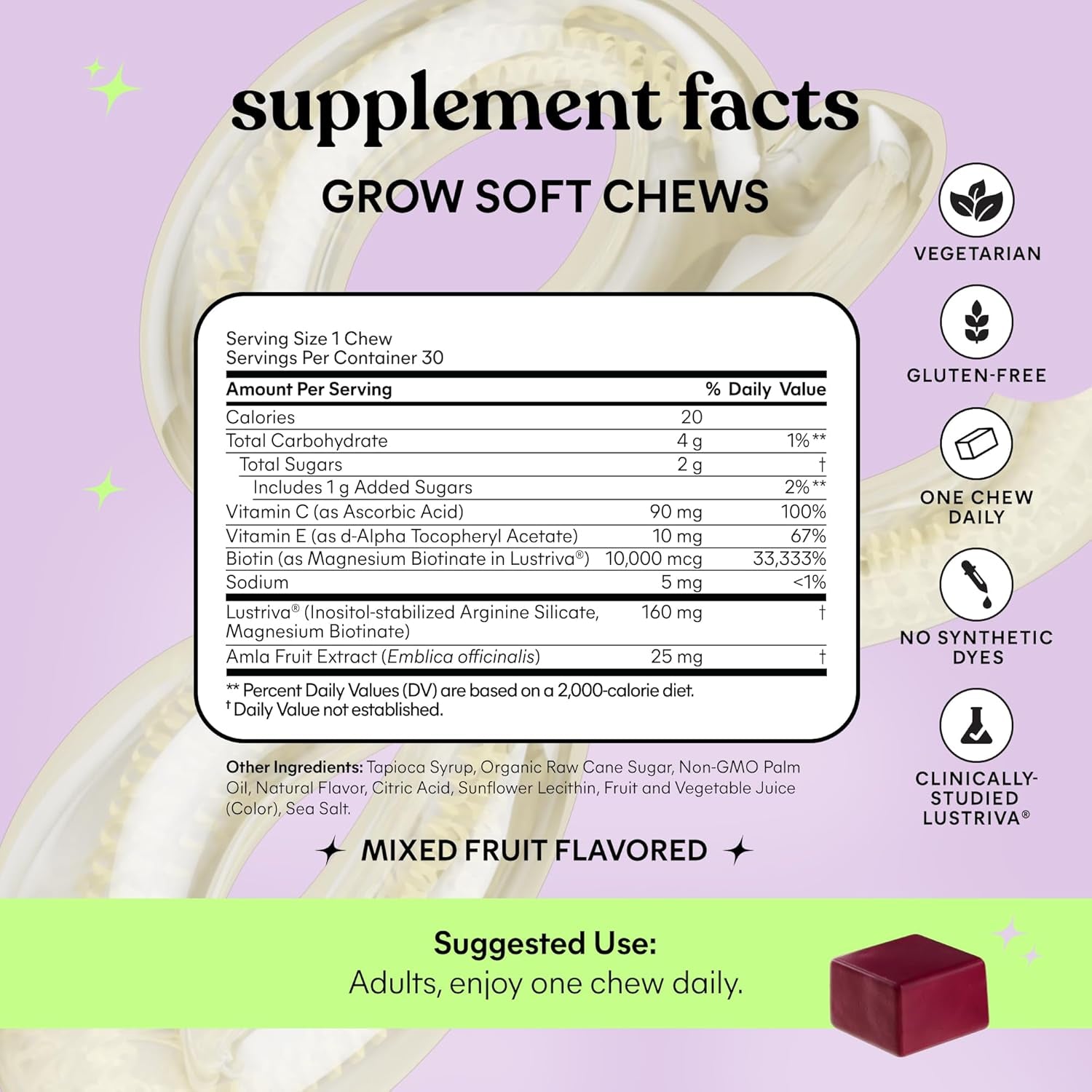 Grow Hair Growth Booster Soft Chews W/Vitamins for Women and Men with Clinically Studied Lustriva and Biotin, Promotes Thicker, Fuller, Stronger Hair, Mixed Berry, 30 Day Supply