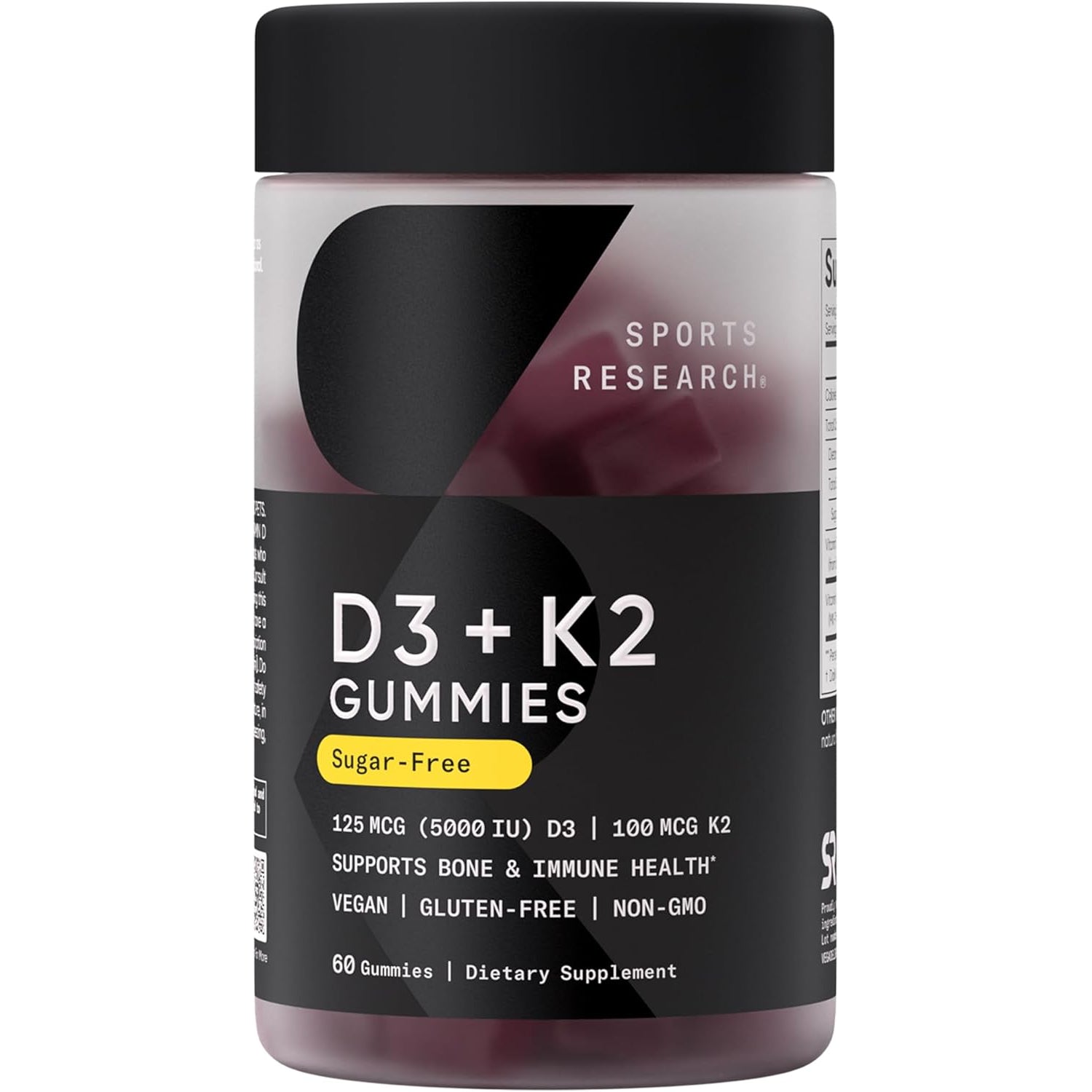 Sports Research® Vegan Vitamin D3 + K2 Sugar-Free Gummies - 125Mcg (5000Iu) Vitamin D W/ 100Mcg Mk7 Vitamin K - Supports Bone & Immune Health* - Vegan Certified · Non-Gmo · Soy Free - 60 Count