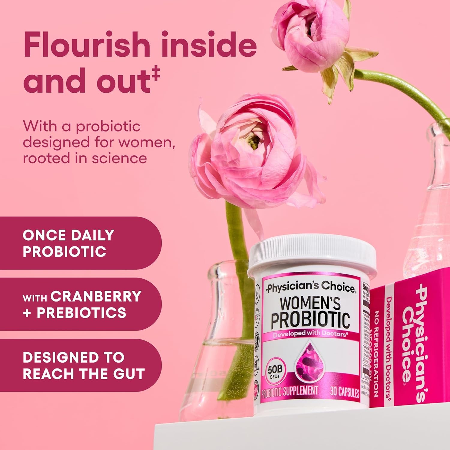 Physician's Choice Women's Probiotic – 50 Billion CFU, 6 Strains, Cranberry & Prebiotics for pH Balance & Feminine Health | 60 Capsules