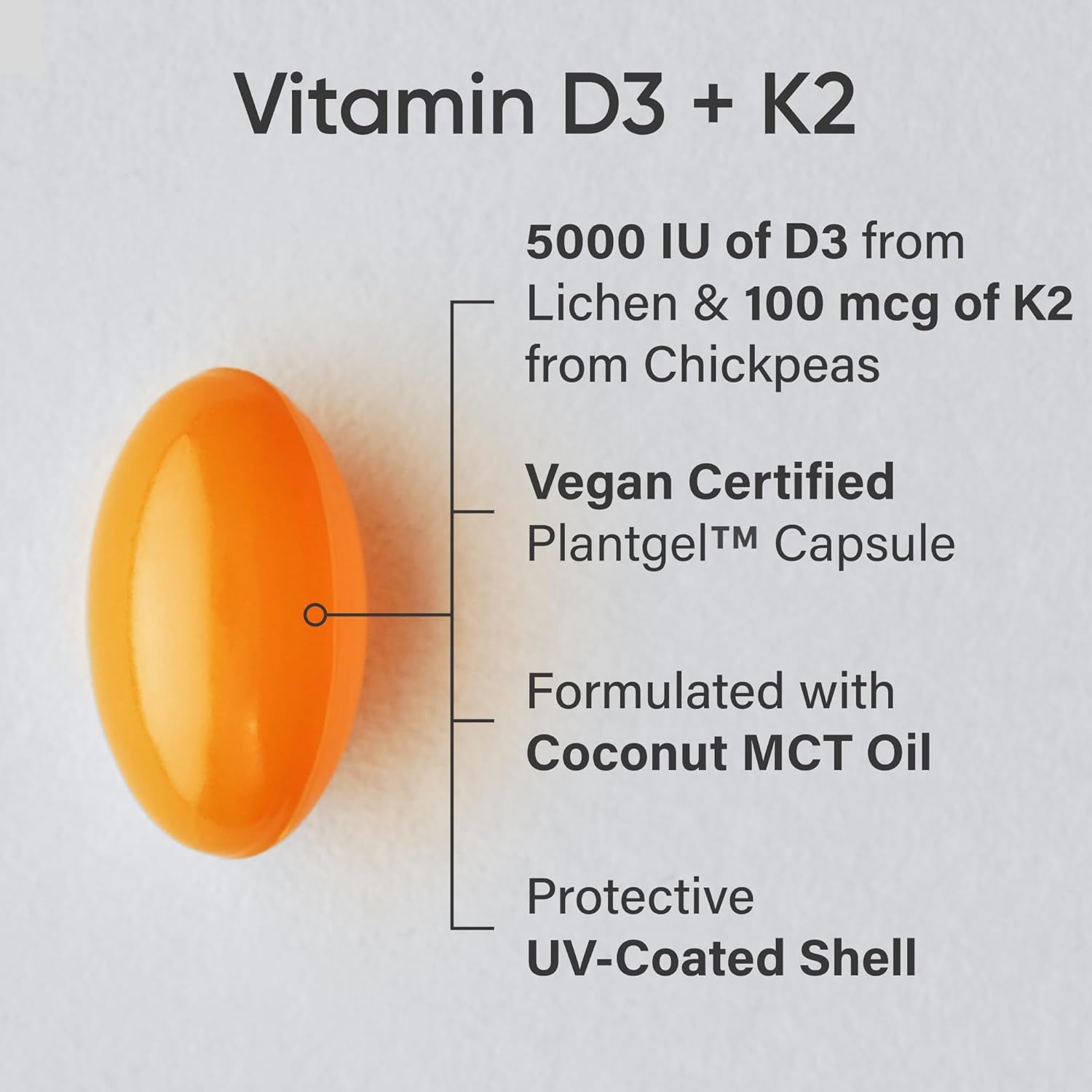 Sports Research Vitamin D3 with K2 Softgels - Plant Based K2 & Vegan D3 5000Iu with Coconut MCT Oil - Vegan Certified, Soy & Gluten Free - 120 Count