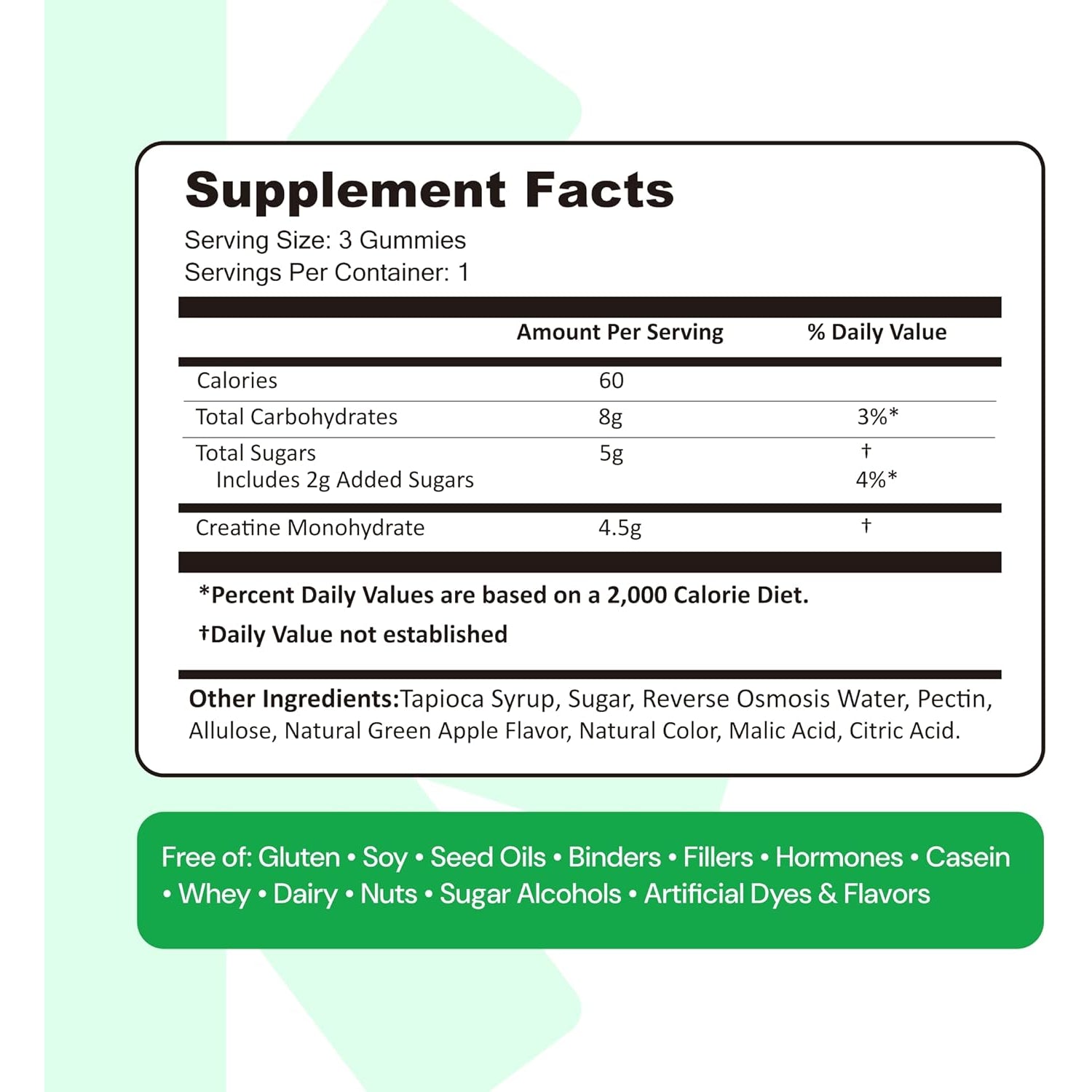 Create Creatine Monohydrate Gummies – Sour Green Apple | 1.5g Per Gummy | Vegan & Gluten-Free | Strength, Focus & Endurance for Men & Women