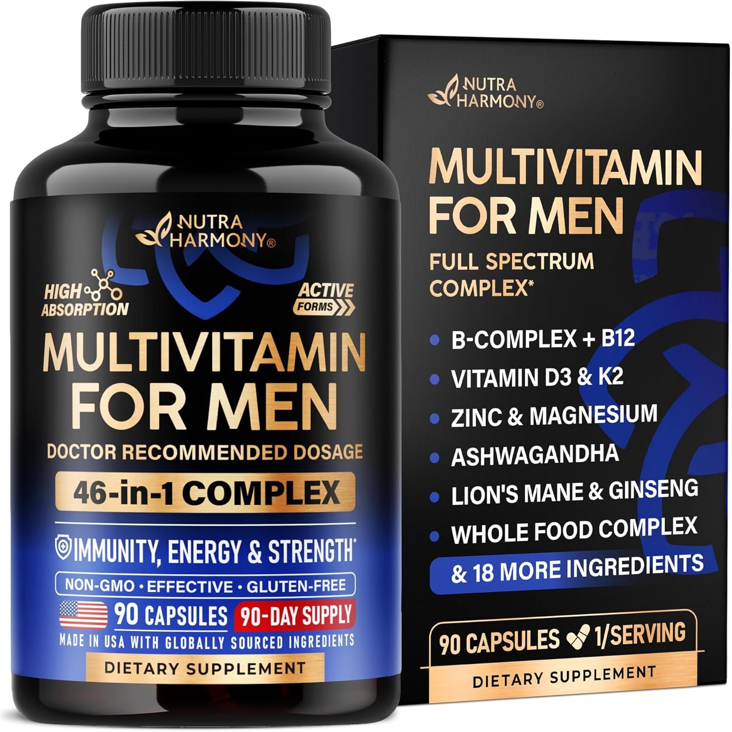 NUTRAHARMONY Men's Daily Multivitamin — 90 Capsules | B-Complex, Energy & Immune Support | Bioavailable Formula | Vegan