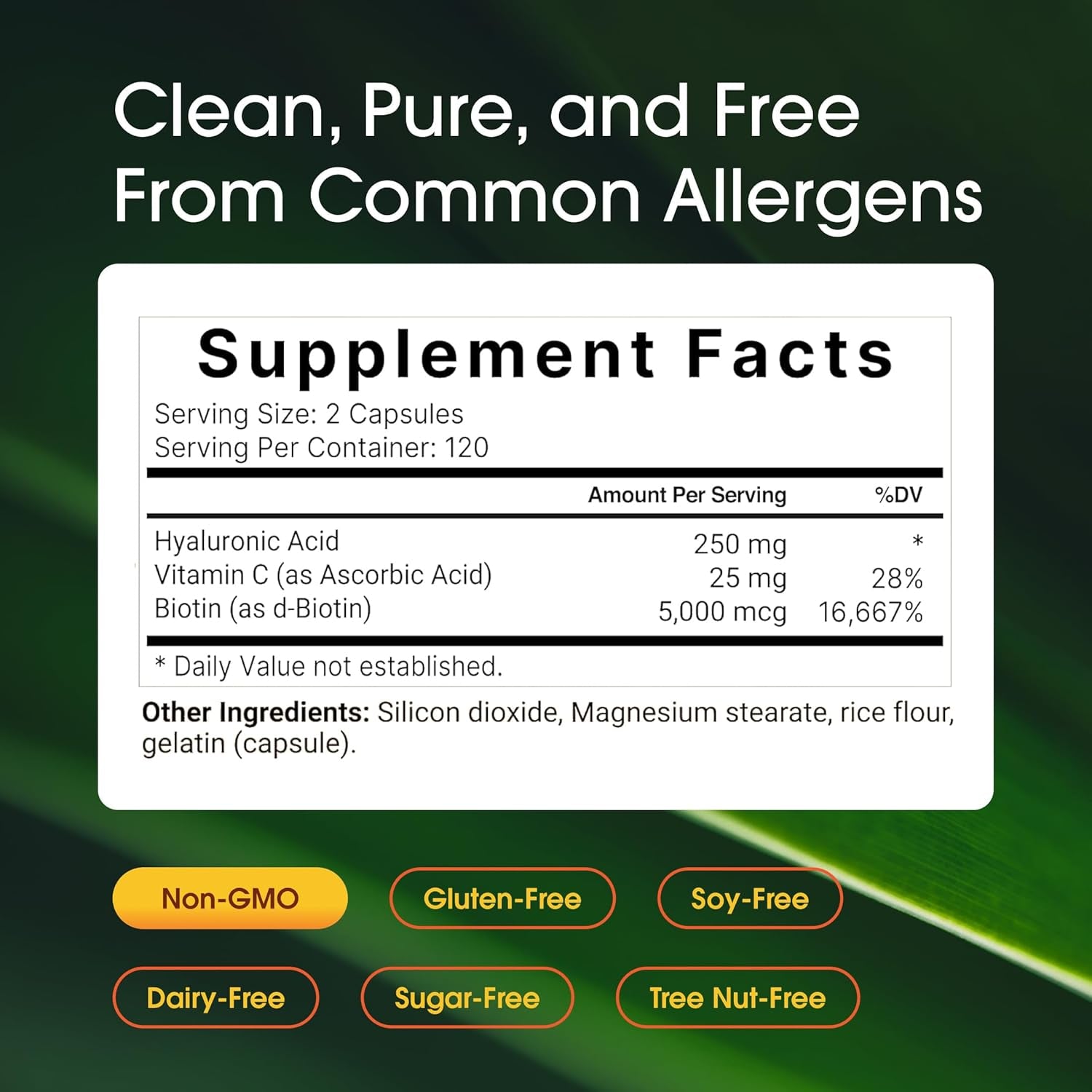 Naturebell Hyaluronic Acid 250Mg - 240 Capsules - 250Mg Hyaluronic Acid for Skin* - 5000Mcg Biotin for Hair Growth* - 25 Mg Vitamin C - Supports Bone, Eye & Joint Health*