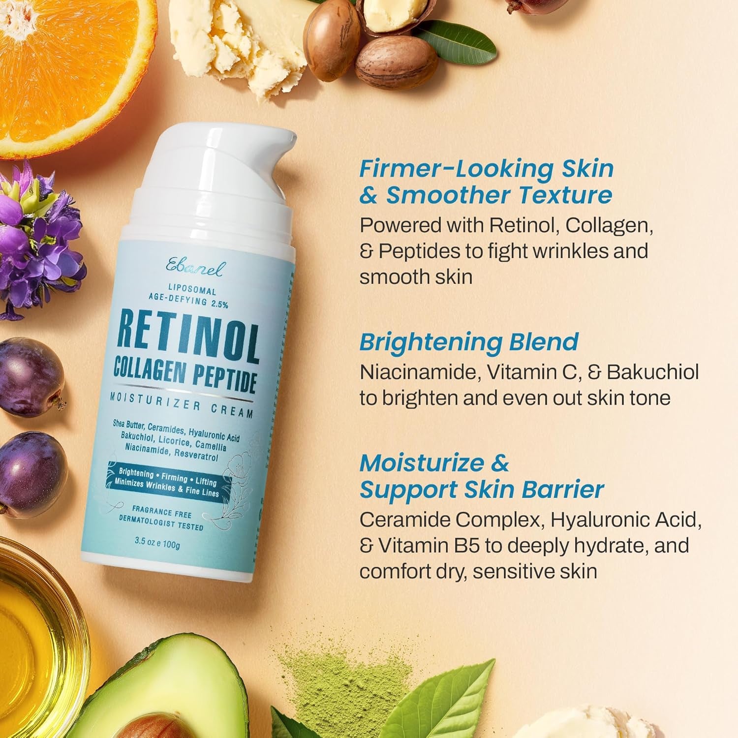 Ebanel Retinol Cream for Face 3.5 Oz, Moisturizer with Collagen, Peptides, Ceramides, Hyaluronic Acid, Vitamin C & B5, Firming anti Aging Face Cream for Wrinkles, Fine Lines, Dark Spots, Day & Night