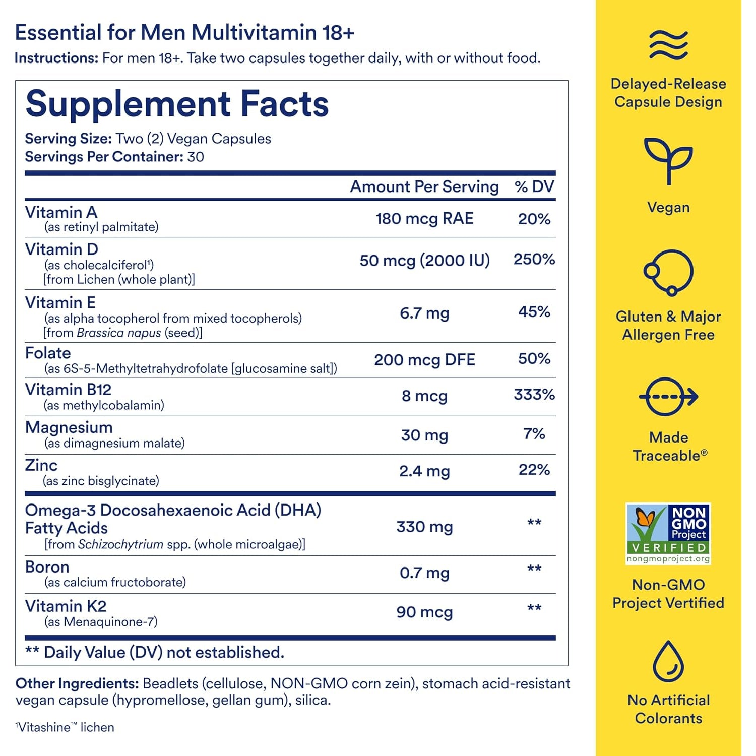 Ritual Men’S 18+ Daily Multivitamin - Key Essential Vitamins and Minerals to Support Energy, Muscle, Heart, Brain Health* - Including Zinc, D3, B12, A, K2 - Vegan - Mint - 60 Capsules - 30 Servings