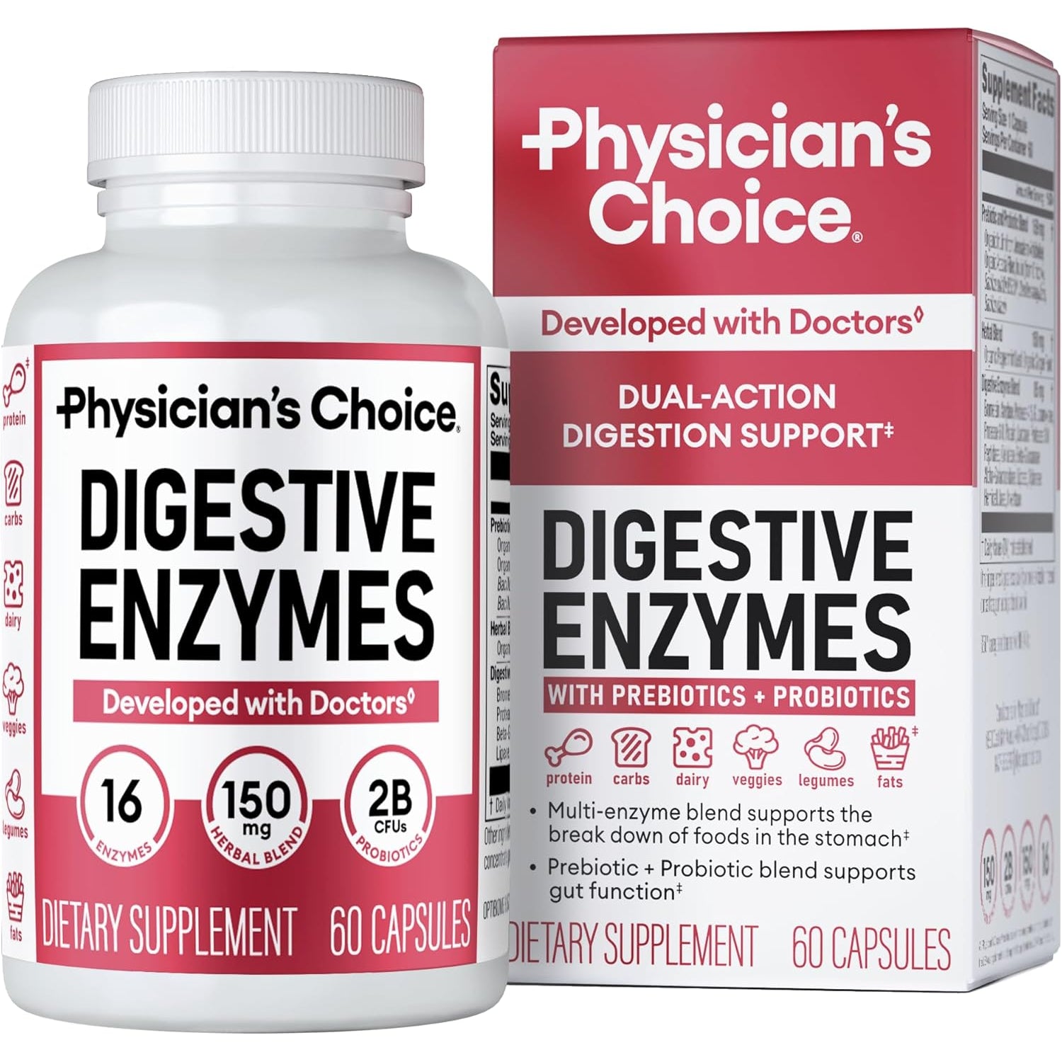 Physician's Choice Digestive Enzymes – 16-Enzyme Formula with Prebiotics & Probiotics for Bloating Relief & Gut Health | 60 Capsules