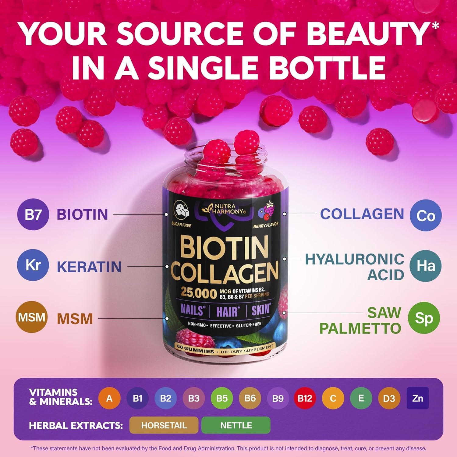 NUTRAHARMONY Biotin, Collagen & Hyaluronic Acid Gummies | Hair, Skin & Nail Support | Sugar-Free | 60 Count