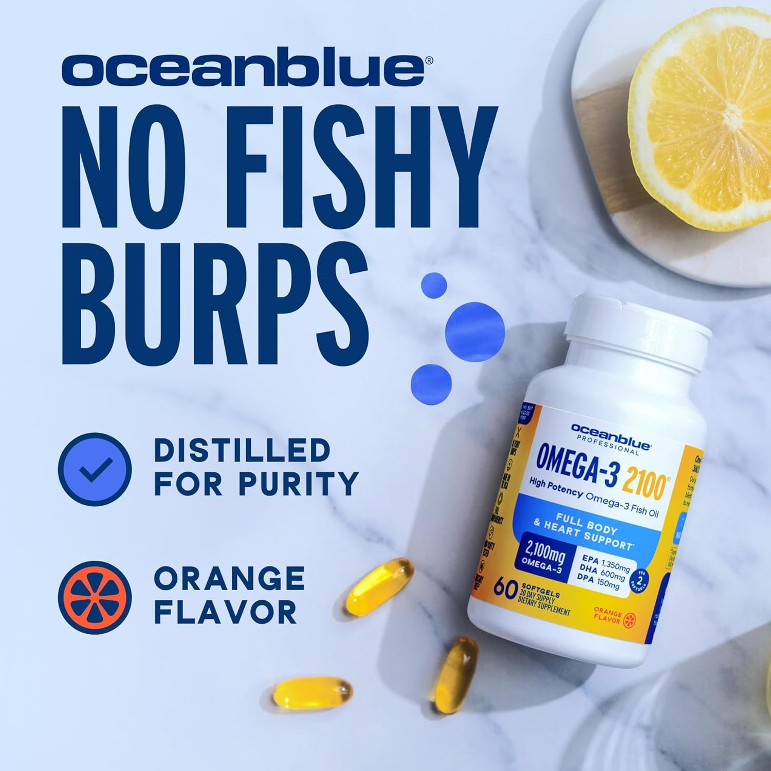 Professional Omega-3 2100 – 180 Ct – Triple Strength Burpless Fish Oil Supplement with High-Potency EPA, DHA, DPA – Wild-Caught – Orange Flavor (90 Servings)
