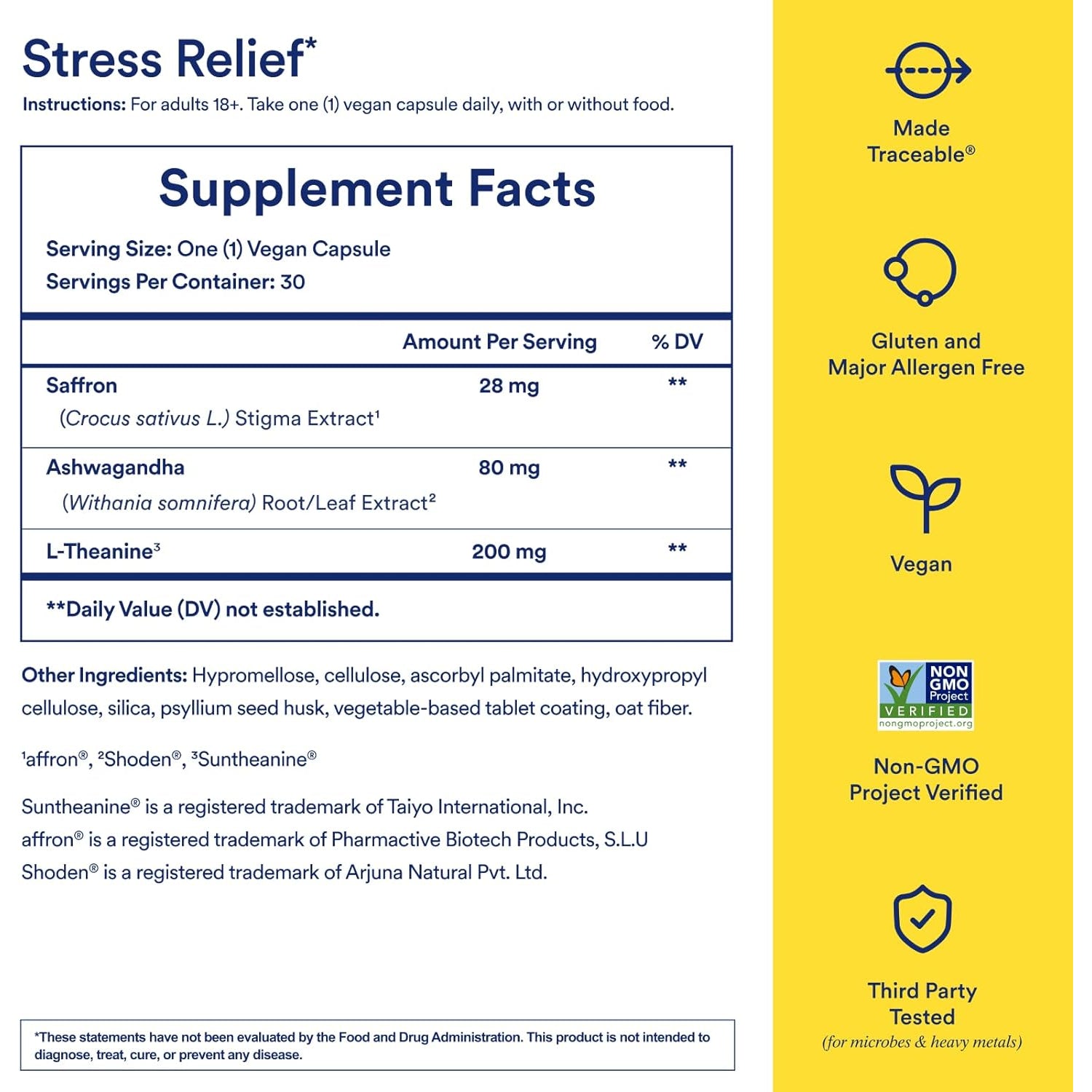 Ritual Stress Relief Supplement - Ashwagandha, L-Theanine, & Saffron - Helps Reduce Stress, Manage Cortisol, Promotes Calm, Relaxation* - All Day Support* - Vegan - Citrus - 30 Capsules - 30 Servings