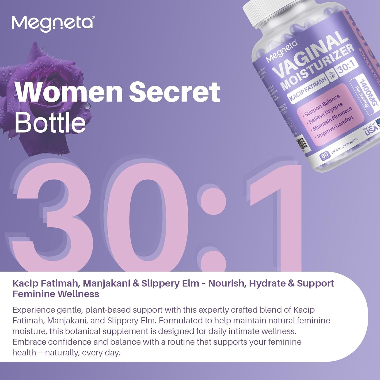 Vaginal Moisturizer, Kacip Fatimah 1,000Mg & Manjakni 200Mg for Female Intimate Health, Slippery Elm for Women, Vegan, 60 Capsules