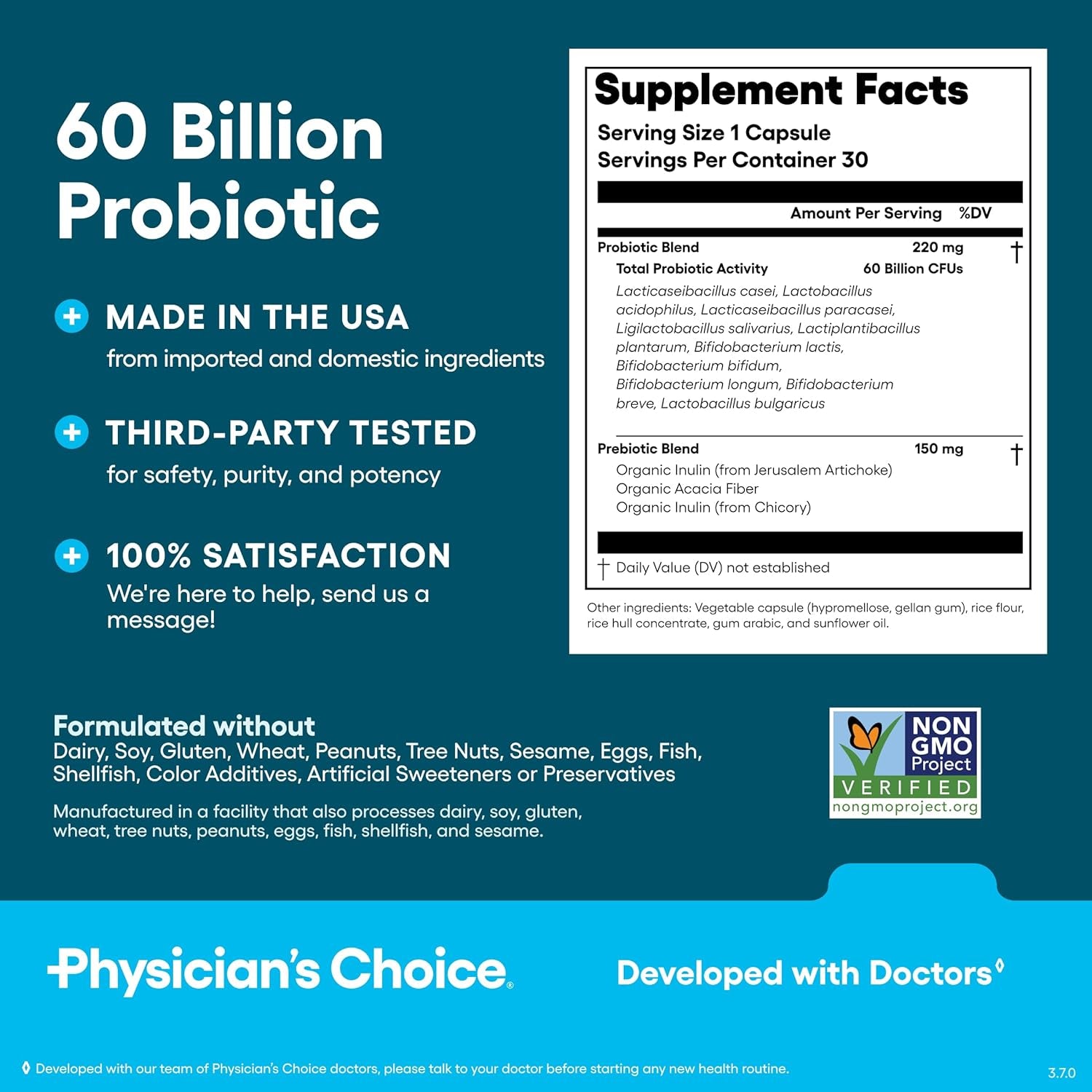 Physician's Choice 60 Billion CFU Probiotic – 10 Strains & Organic Prebiotics for Gut, Digestive & Immune Health | 30 Capsules