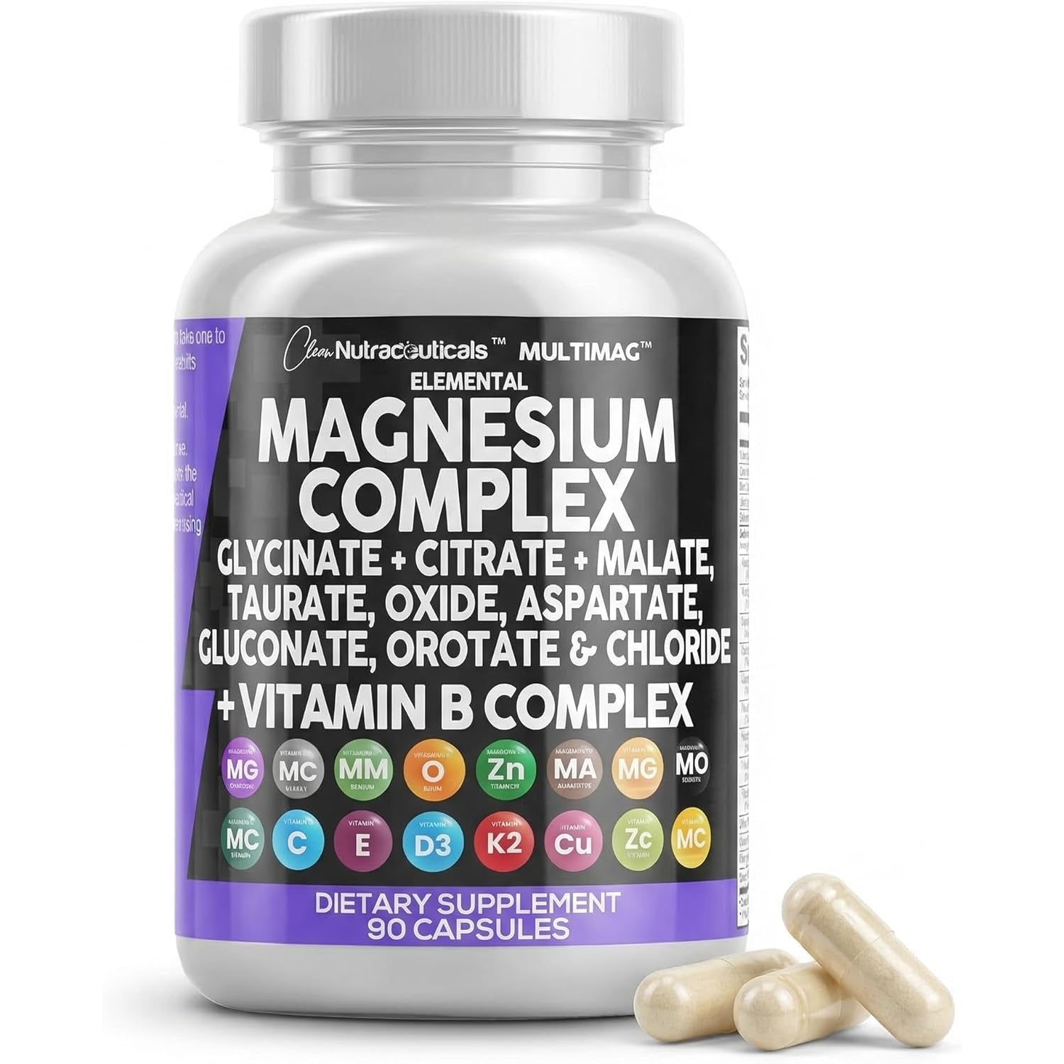 Clean Nutraceuticals 8-in-1 Magnesium Complex – 90 Capsules | Glycinate, Citrate, Malate & Orotate | Zinc, Copper, Manganese & Vitamins C, B1, B2, B6 & B12